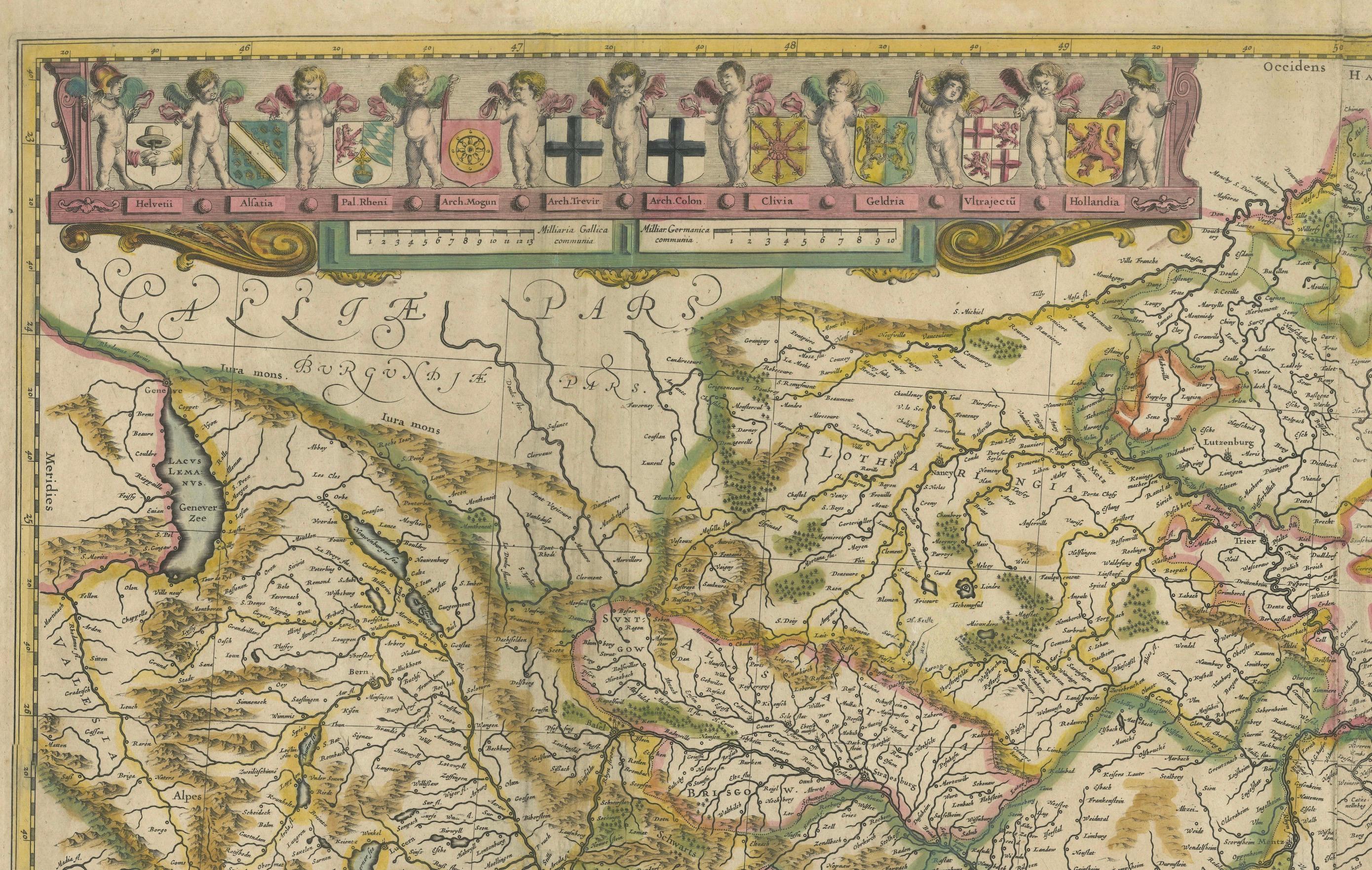 17ème siècle Carte originale du Rhin dans le Saint Empire romain germanique par Janssonius, c.1645 en vente