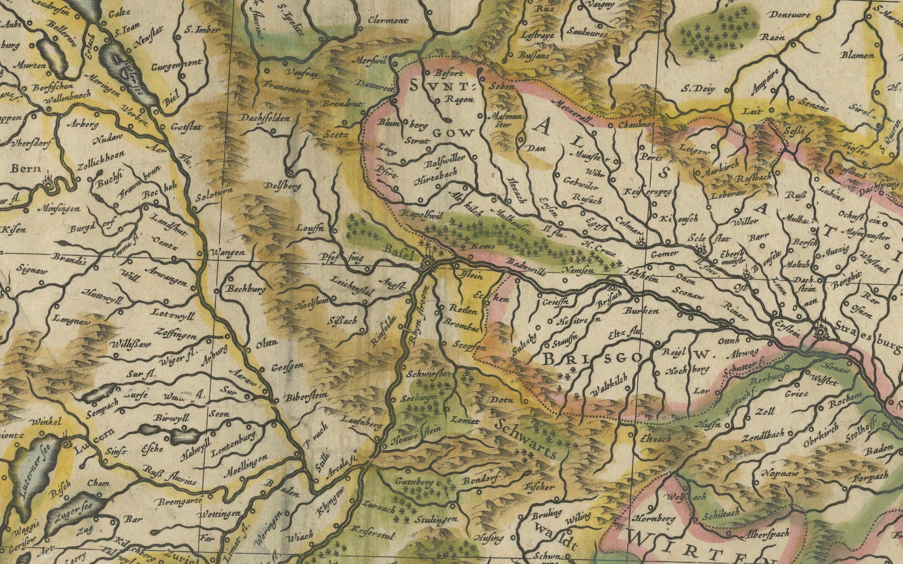 Papier Carte originale du Rhin dans le Saint Empire romain germanique par Janssonius, c.1645 en vente
