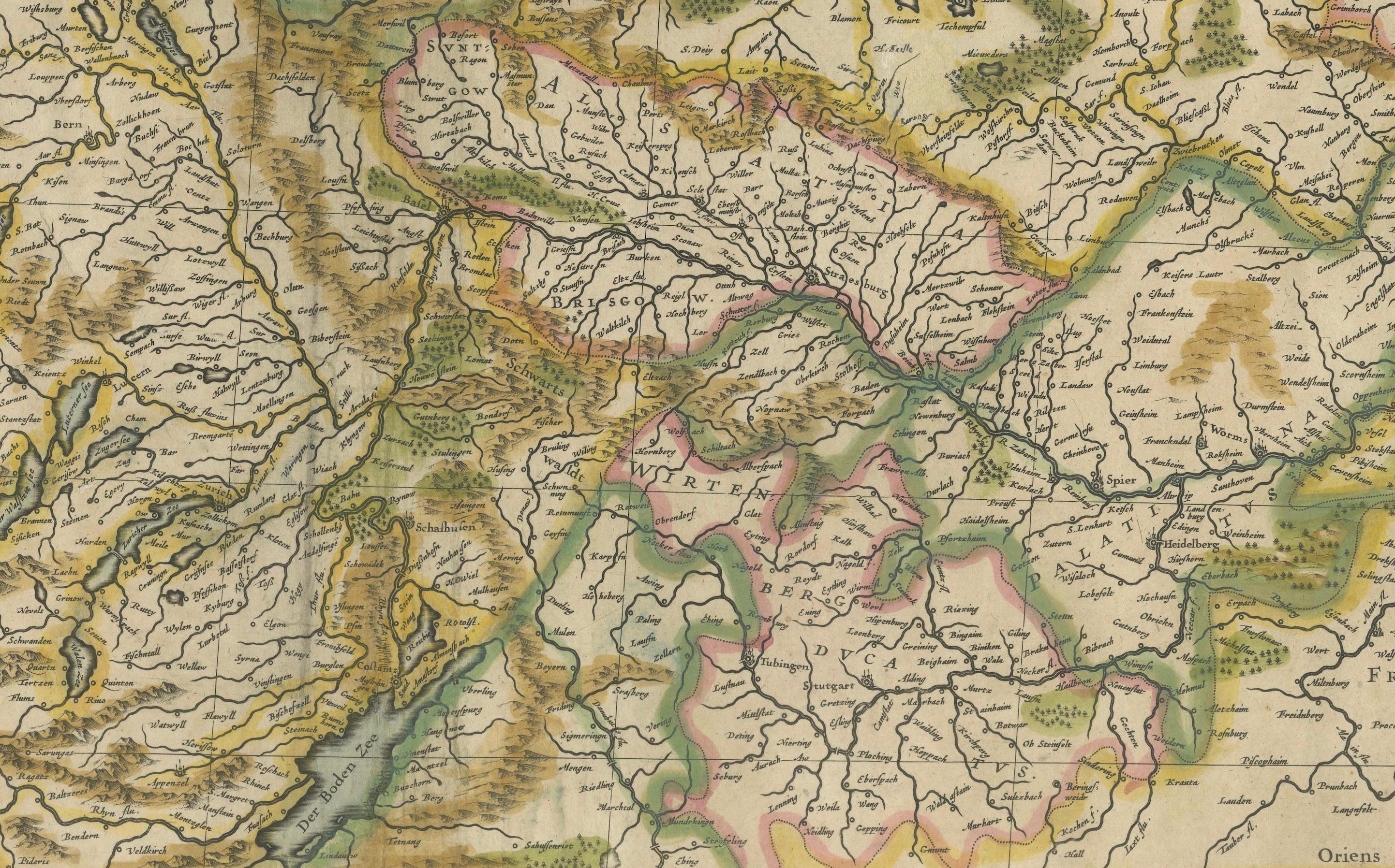 Carte originale du Rhin dans le Saint Empire romain germanique par Janssonius, c.1645 en vente 1