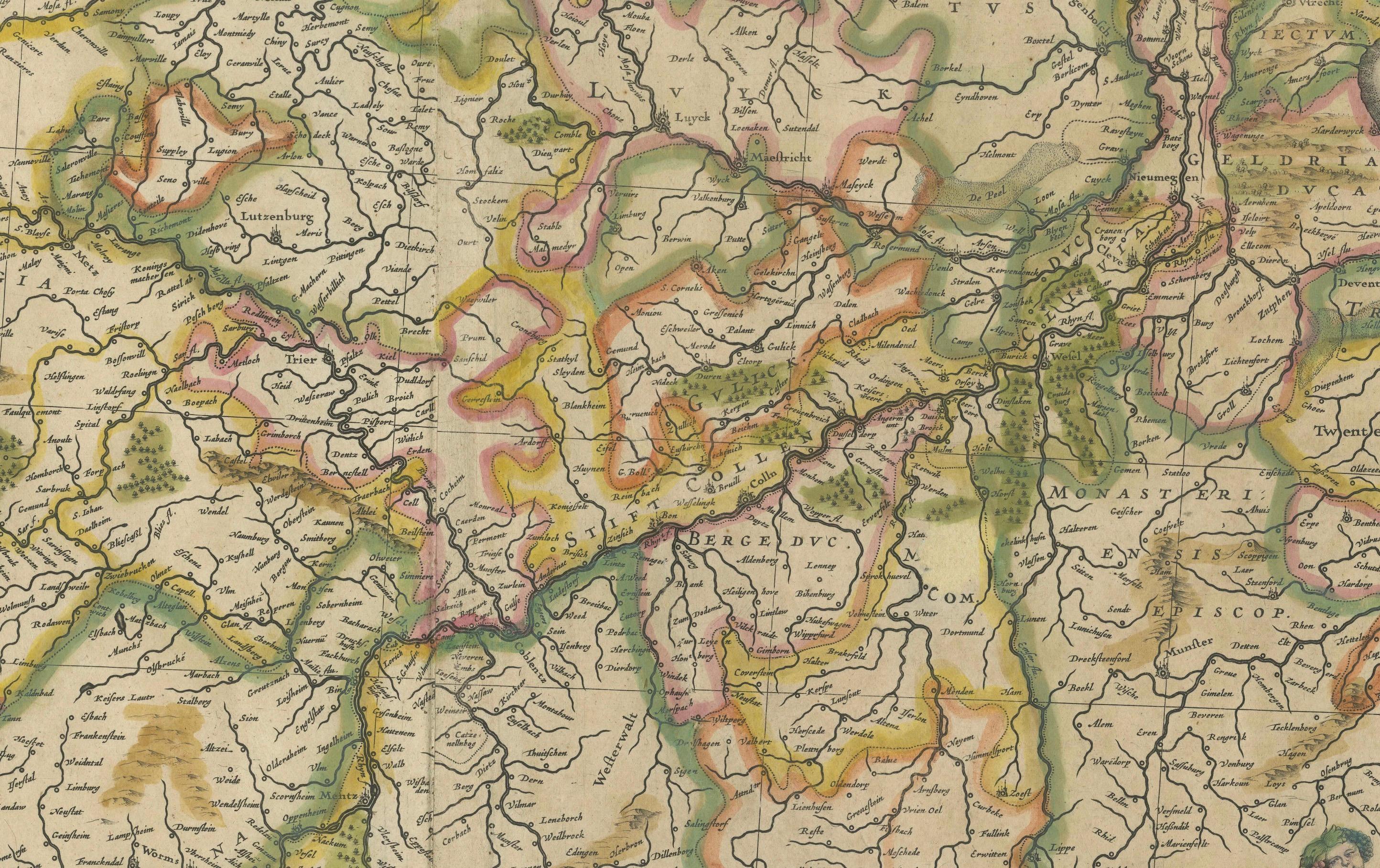 Carte originale du Rhin dans le Saint Empire romain germanique par Janssonius, c.1645 en vente 2