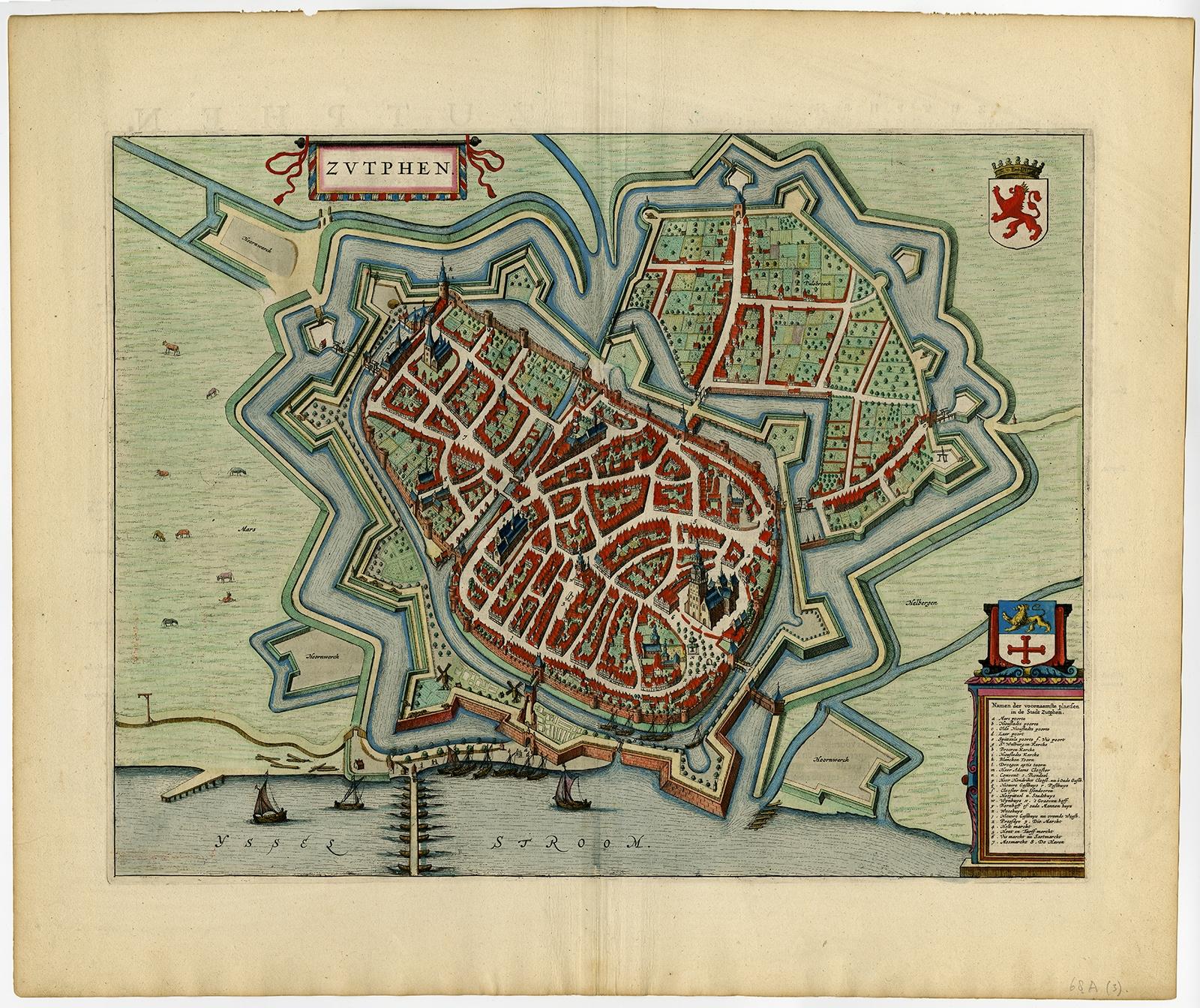 Antique print, titled: 'Zutphen.' - Bird's-eye view plan of Zutphen in The Netherlands, with key to locations and coats of arms. Text in Dutch on verso. This plan originates from the famous city Atlas: 'Toneel der Steeden' published by Joan Blaeu