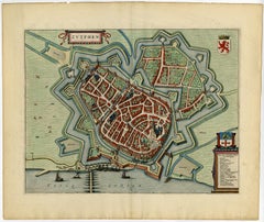 Original Map with Bird's-Eye View of Zutphen in the Netherlands by Blaeu, 1649