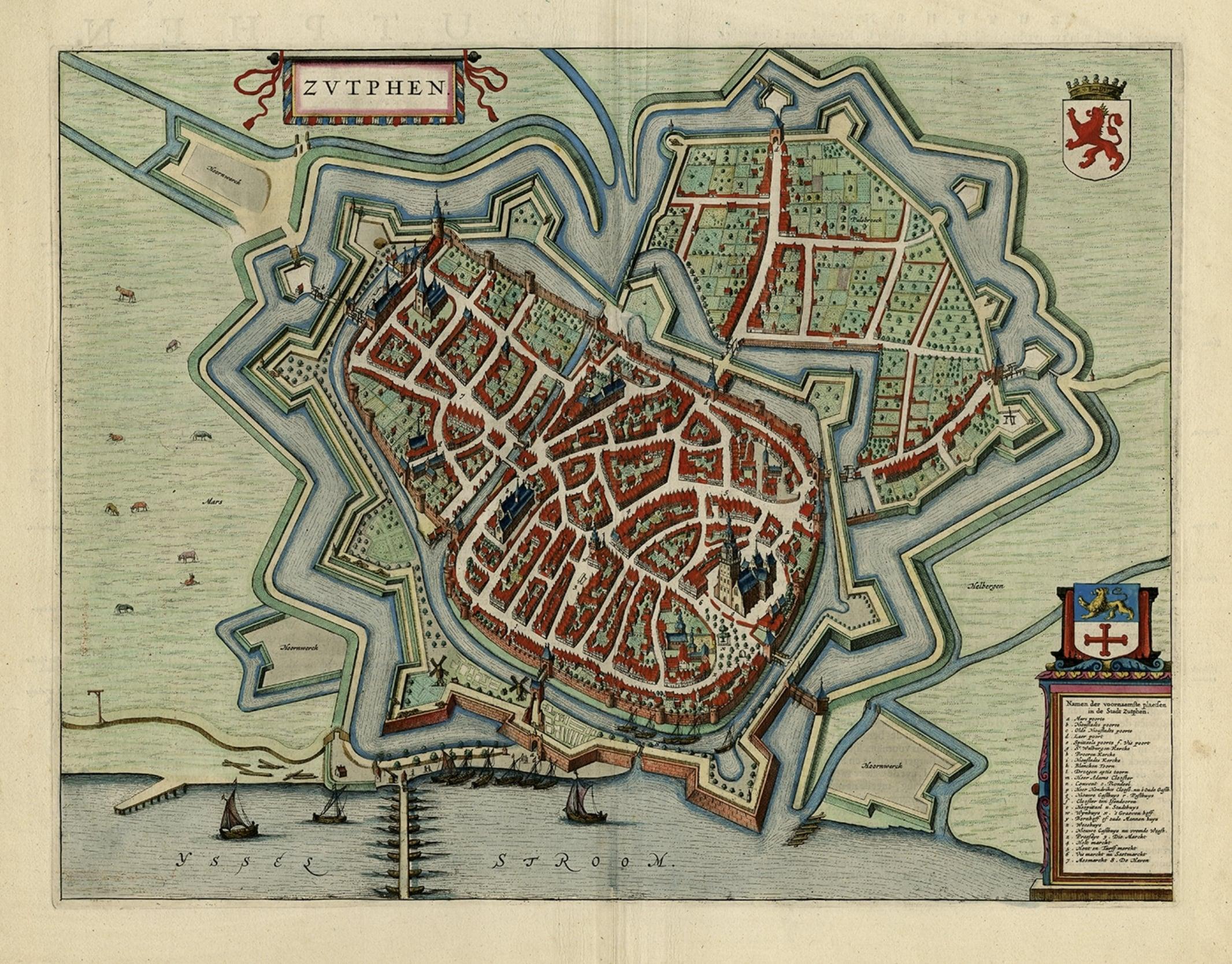 Original Map with Bird's-Eye View of Zutphen in the Netherlands by Blaeu, 1649 In Good Condition For Sale In Langweer, NL