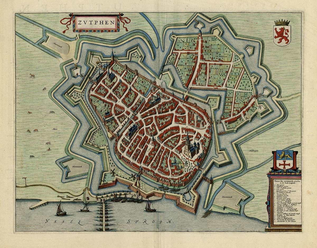Original Map with Bird's-Eye View of Zutphen in the Netherlands by Blaeu, 1649