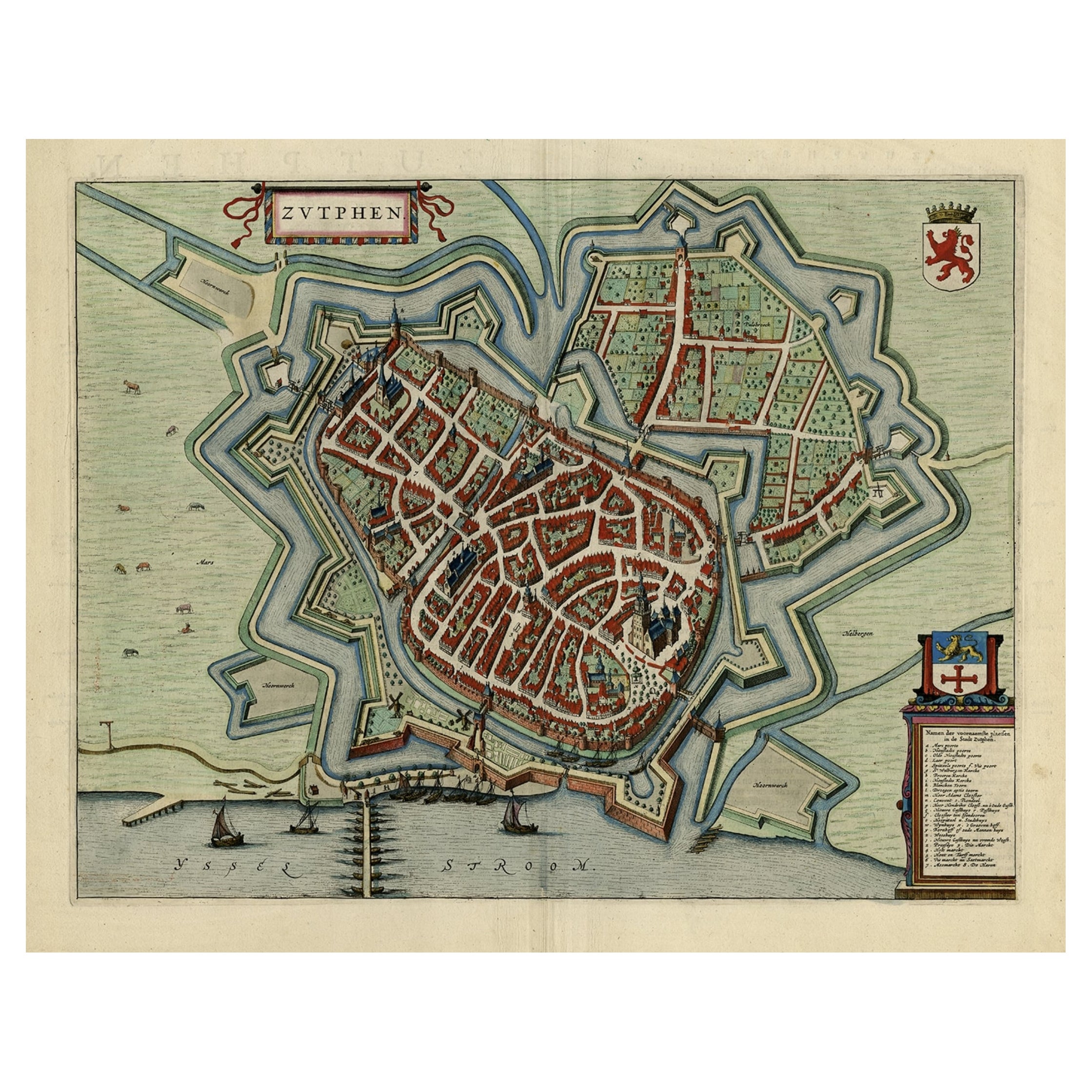 Mappa originale con vista a volo d'uccello di Zutphen nei Paesi Bassi di Blaeu, 1649
