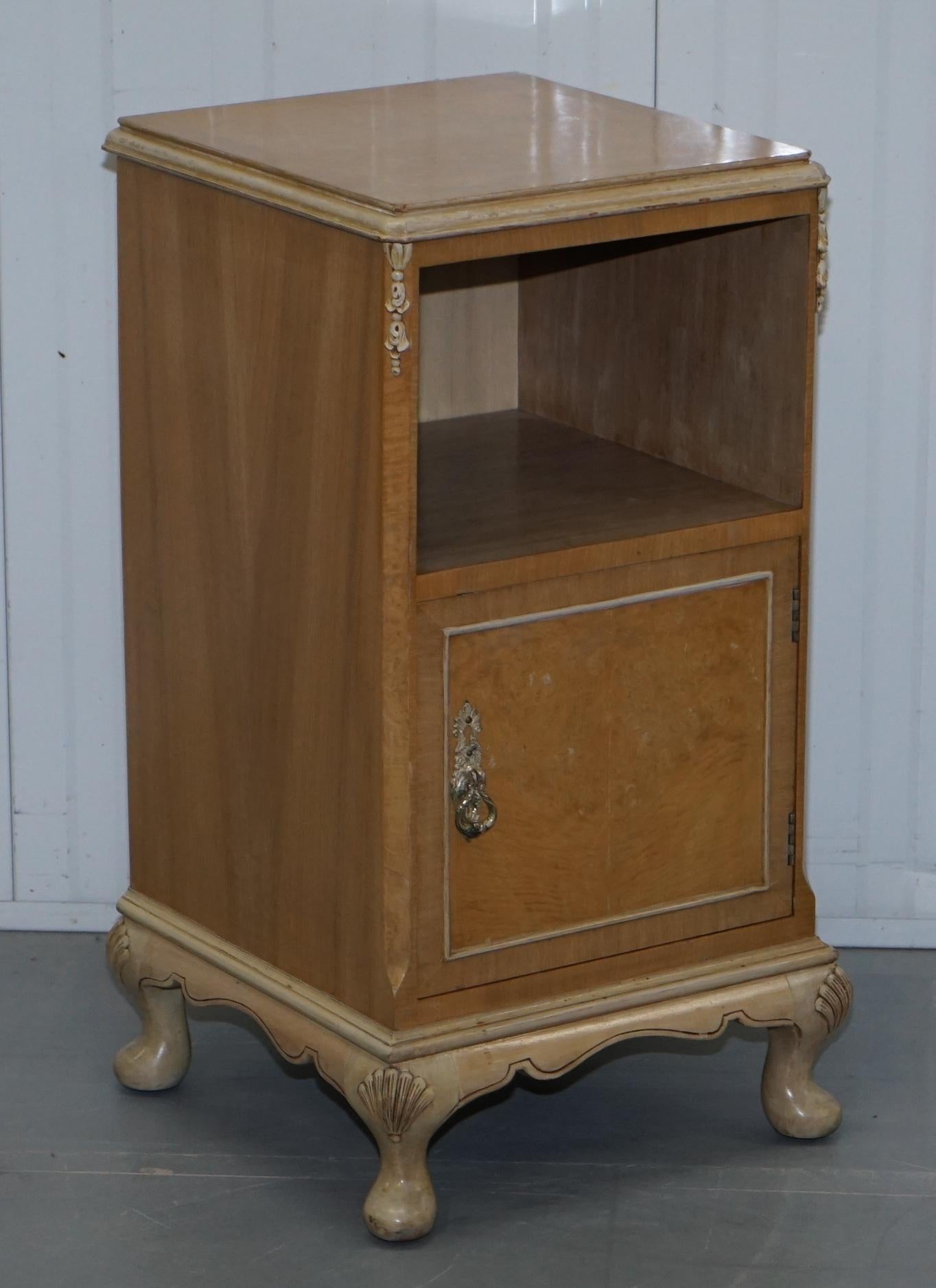 English Original Maple & Co Art Deco circa 1930s Burr Walnut Bed Side Table Cabinet