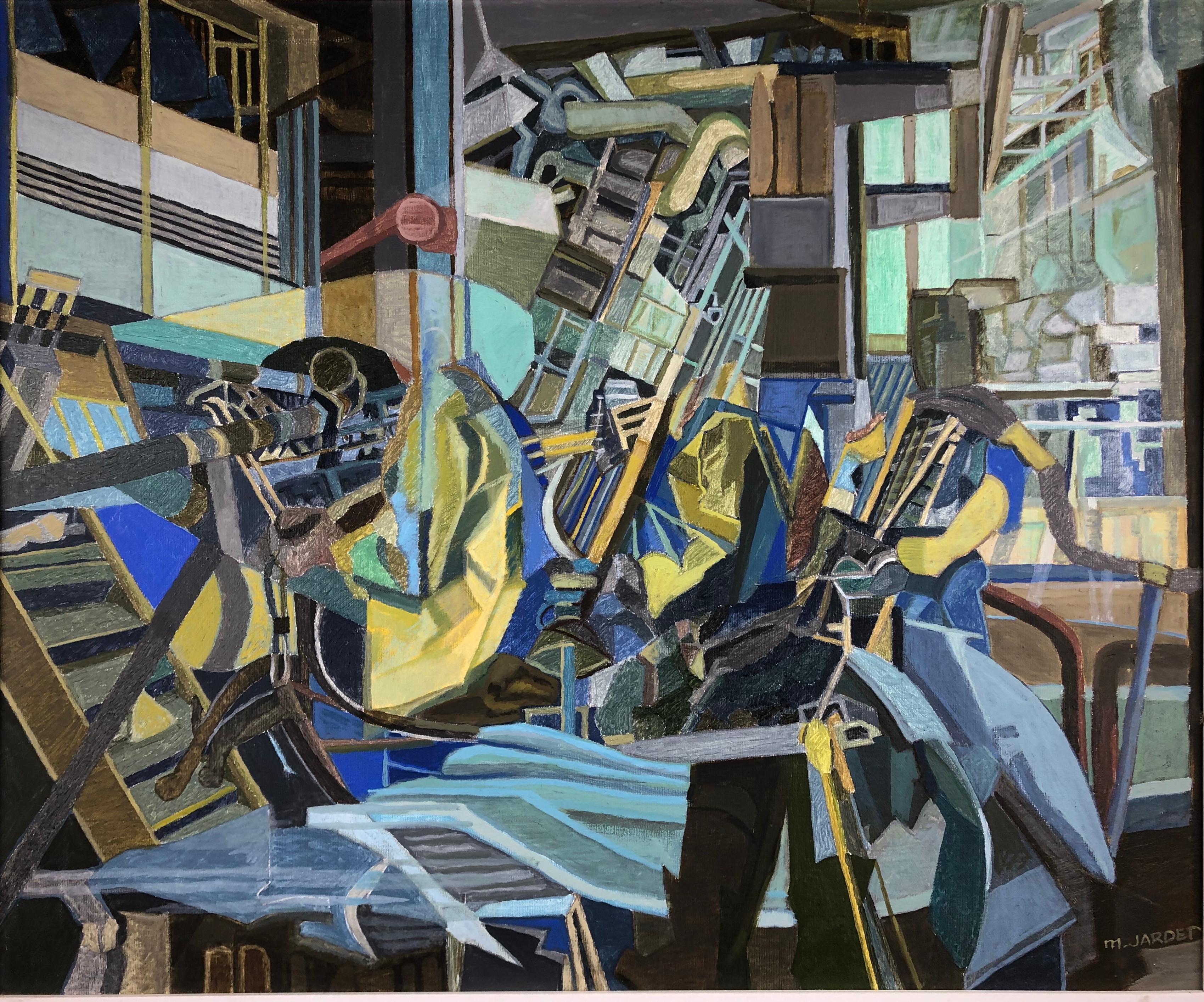 Une peinture abstraite cubiste audacieuse et colorée à la manière de Jacques Villon, signée et datée en bas à droite 