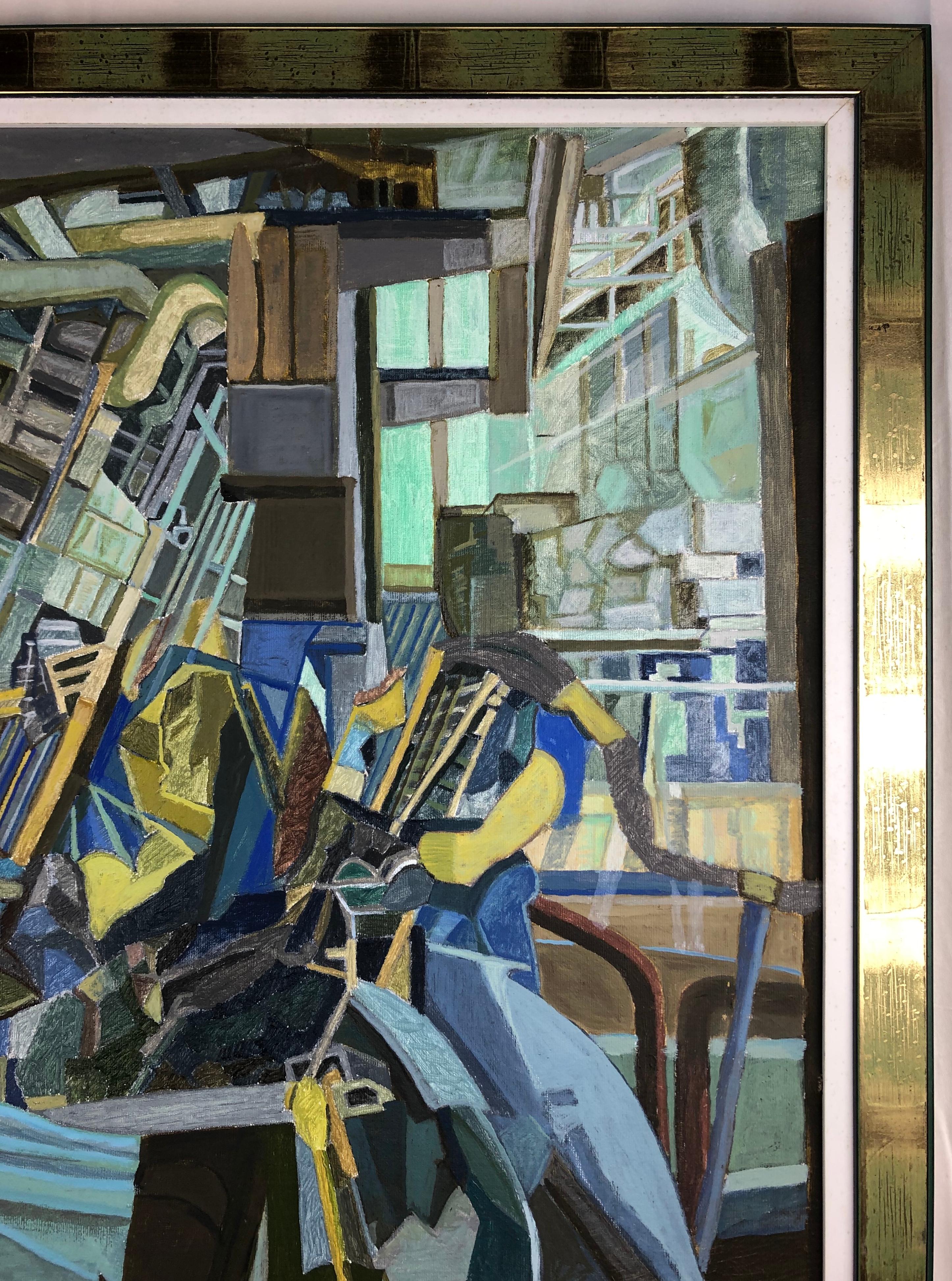 Doré Huile sur toile - Peinture cubiste abstraite à la manière de Jacques Villon en vente