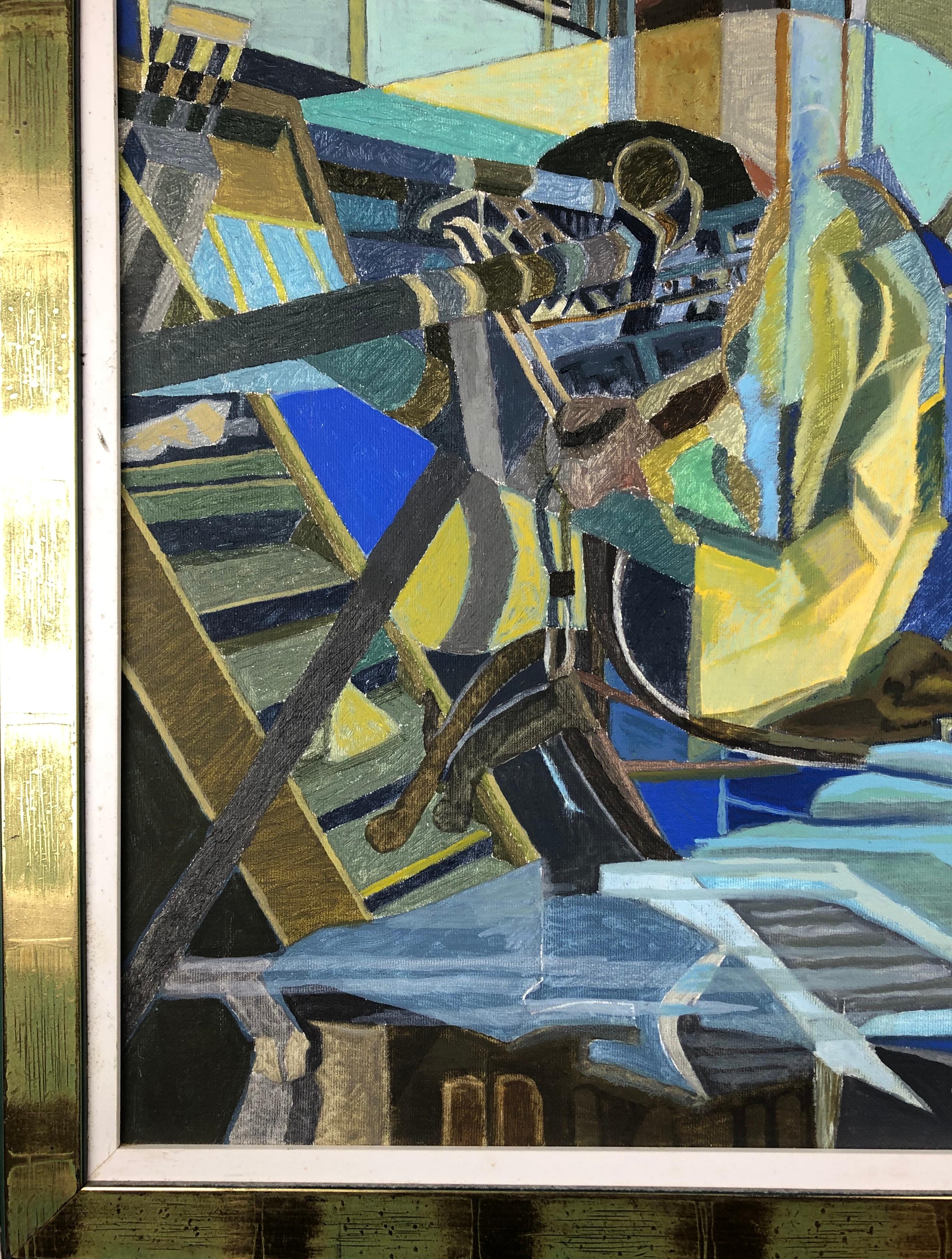 Huile sur toile - Peinture cubiste abstraite à la manière de Jacques Villon Bon état - En vente à Miami, FL