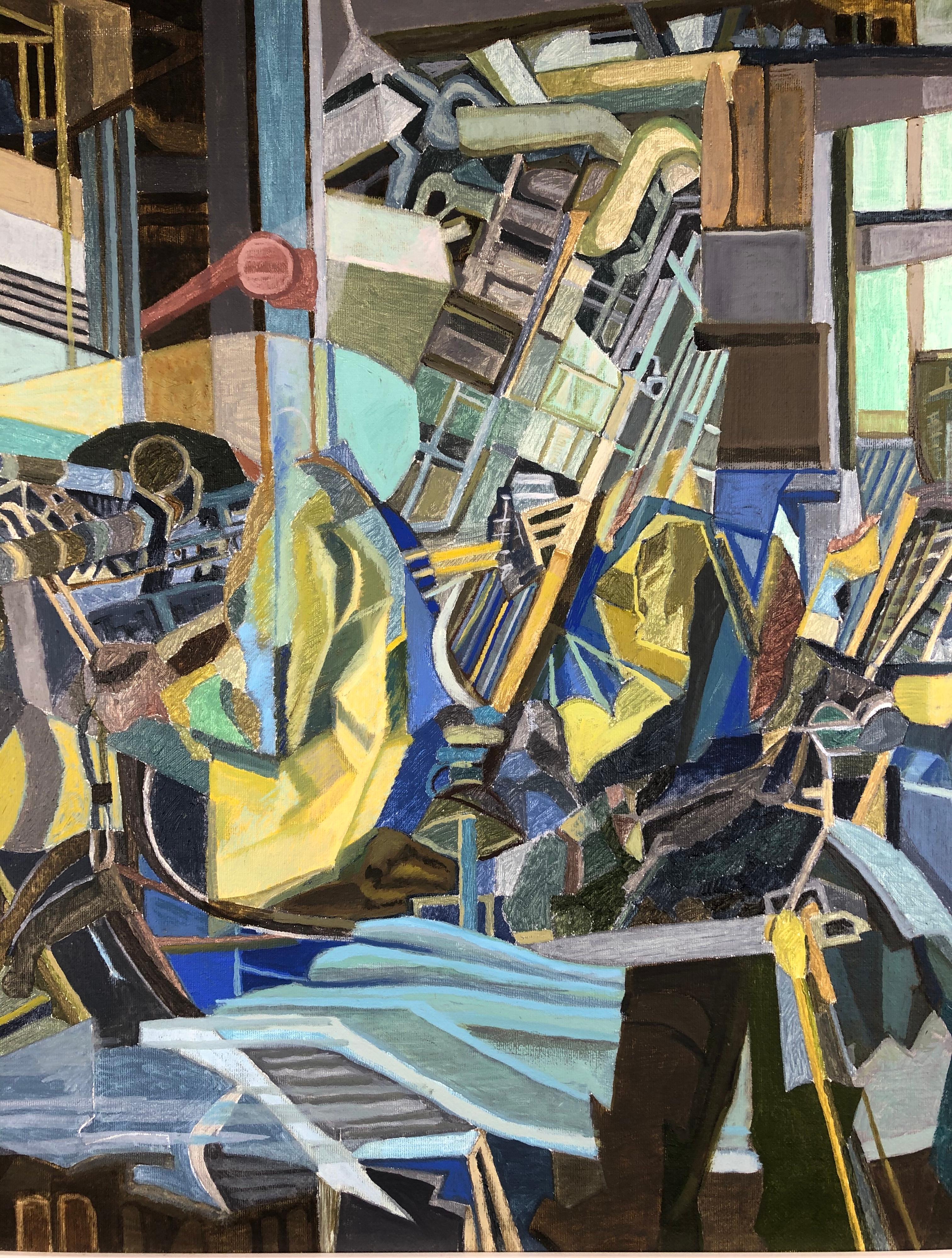 20ième siècle Huile sur toile - Peinture cubiste abstraite à la manière de Jacques Villon en vente