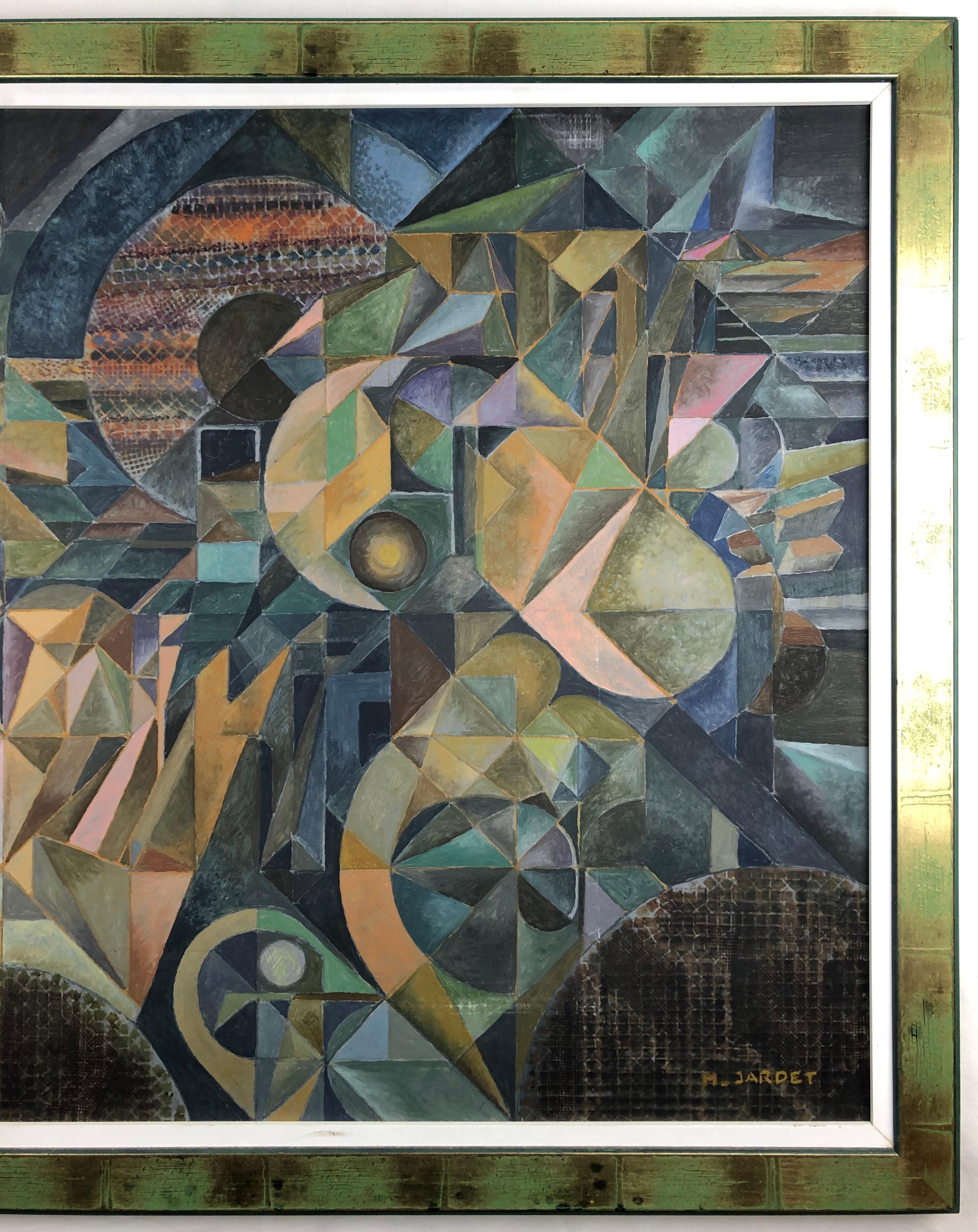 Giltwood Oil on Canvas Abstract Cubism Painting in the Manner of Jacques Villon For Sale