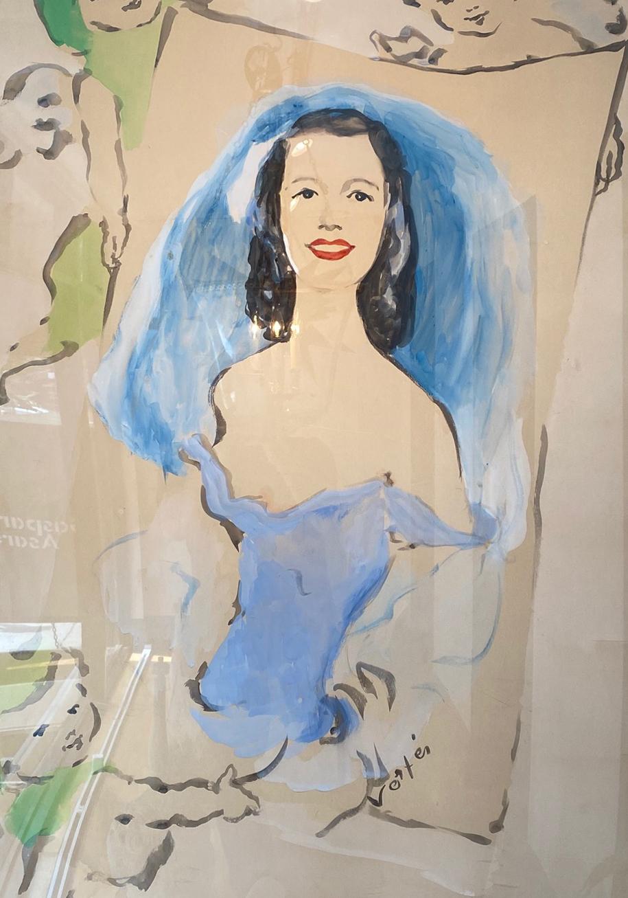 Ein Originalentwurf von Marcel Vertes für ein Plakat von Lily Pons (1898-1976), der berühmten Koloratursopranistin, für ein Konzert in der Carnegie Hall. Das Medium ist Gouache-Aquarellfarbe auf Illustrationskarton. Der Rahmen ist aus vergoldetem