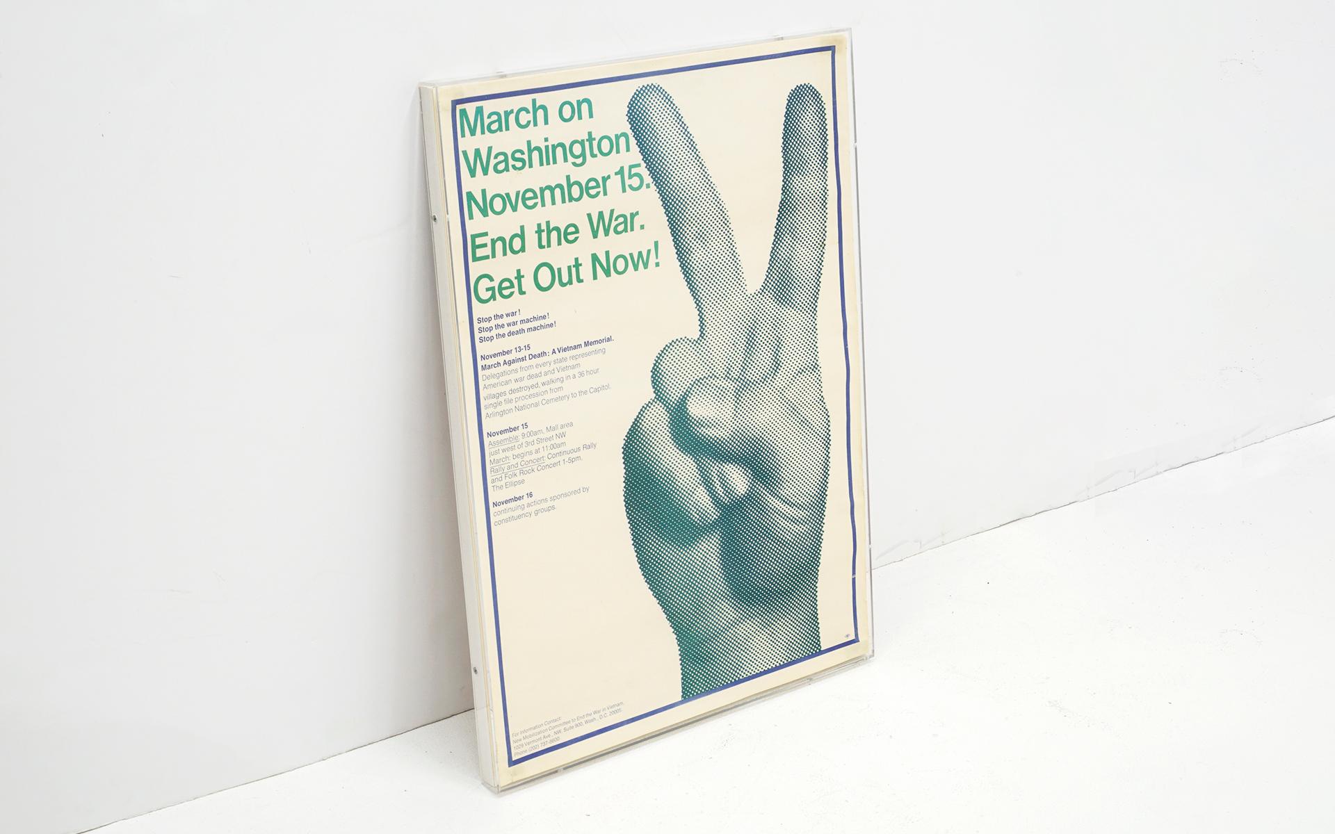 Very rare, original March on Washington Poster protesting the Vietnam war, 1969. The event took place November 13-15 that year. The graphic is a pixilated hand peace sign with details about the event. The poster is in good condition and has not been