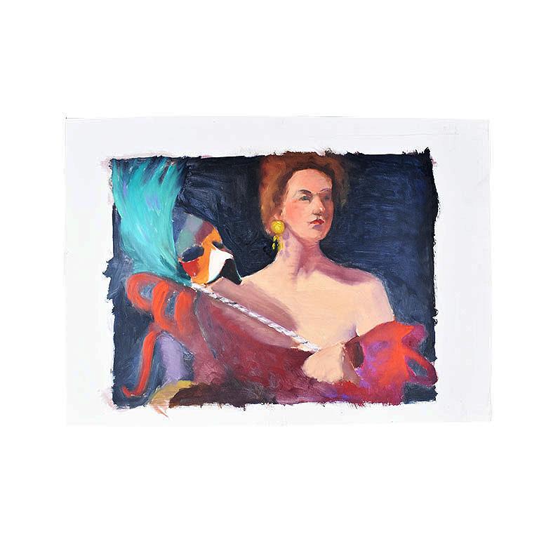 A large portrait painting of a woman at Mardi Gras. She wears a red off the shoulder dress and holds a feather Mardi Gras mask in a blue/green and orange. She sports large round gold earrings and a red lip. She stands on a black background. This