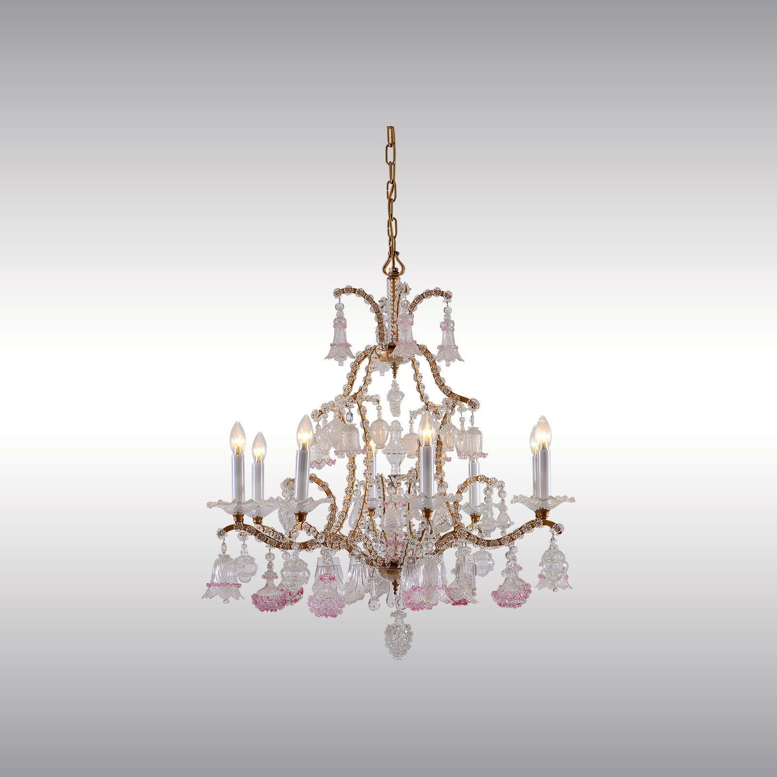 Wunderschöner barocker Luster im Maria-Theresien-Stil mit farbigem Glasbehang im Fantasie-Stil 1880 original.
Geeignet für die USA.