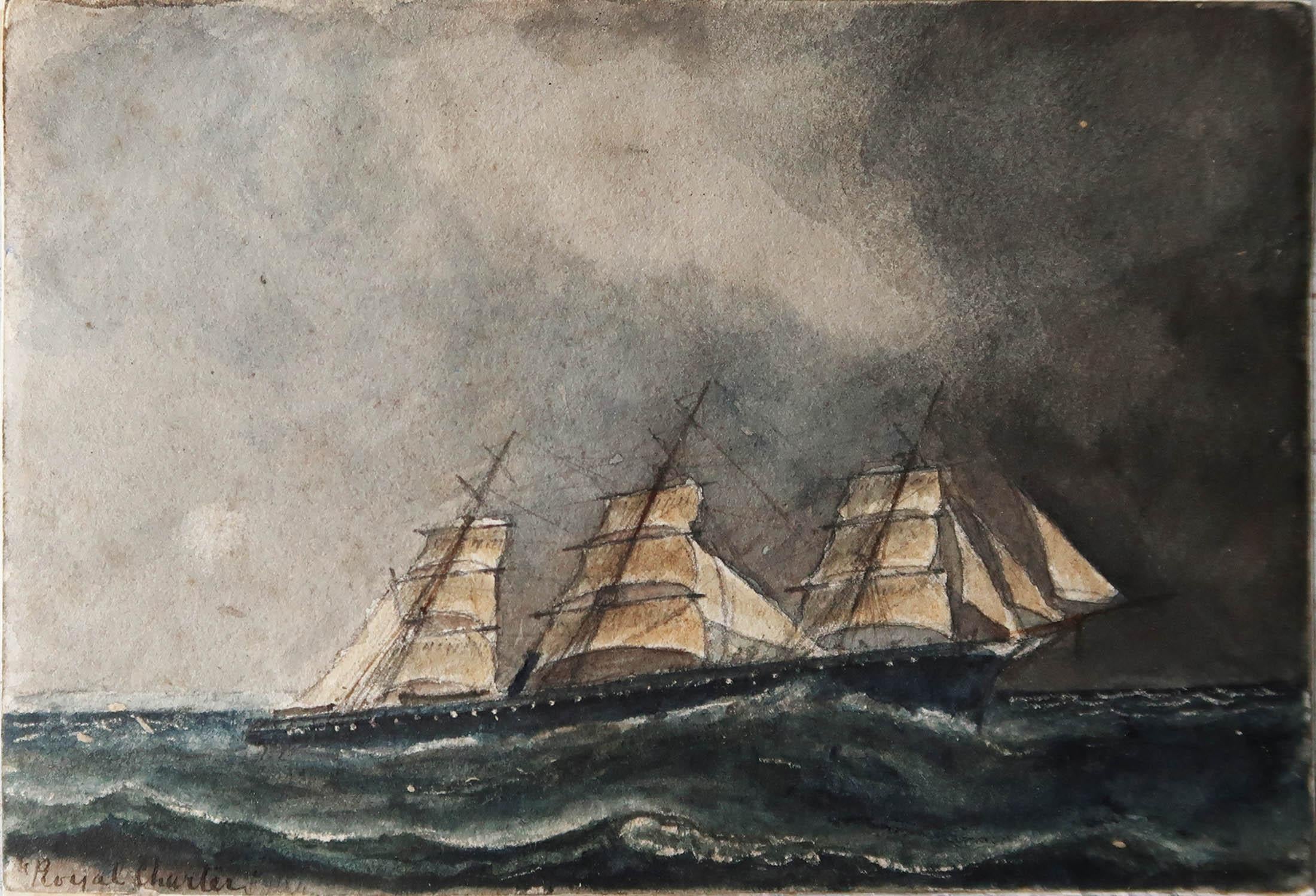 A great watercolor of H.M.S Royal Charles in a stormy sea

by Edwin Landseer Grundy*. Provenance- From an album of drawings by the artist

On paper applied to paper

Unsigned. Inscribed title lower left

Unframed

B. Manchester.
