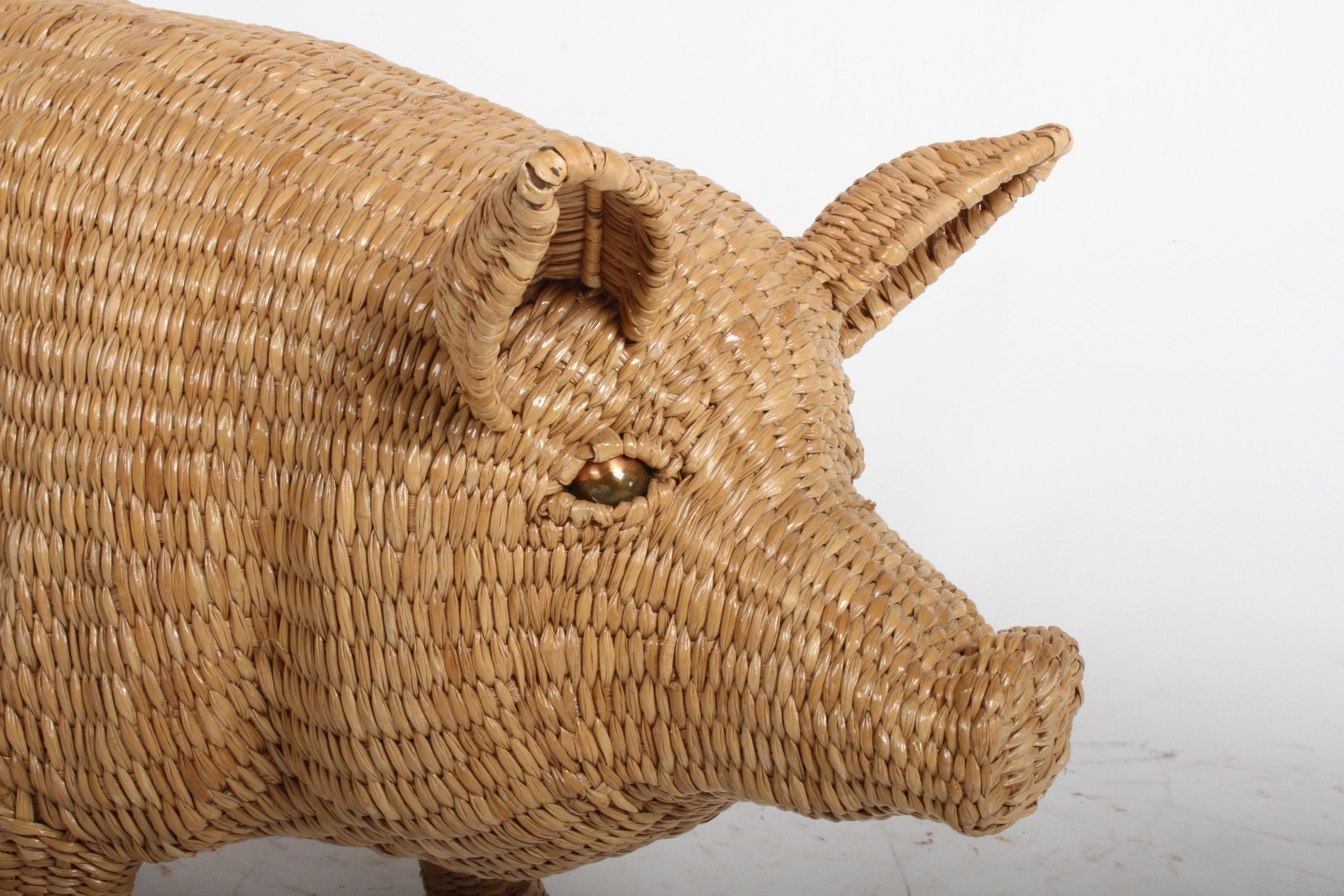 Mid-Century Modern Original Mario Lopez Torres Large Wicker Pig Sculpture Signed, Mexico