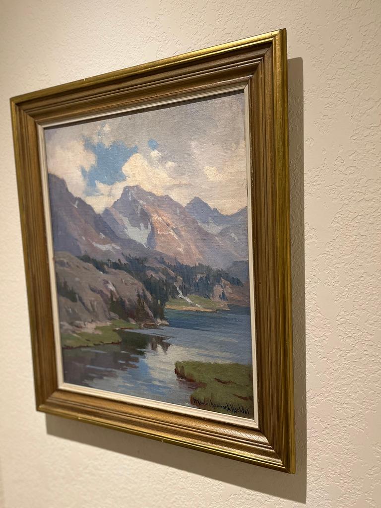 Peinture originale signée de Marion Wachtel, représentant le lac Long dans la Sierra Nevada.  Probablement peint au début des années 1900 Dans son cadre d'origine.  Doit être recadrée.  La pièce semble avoir été nettoyée très récemment. Marion &New