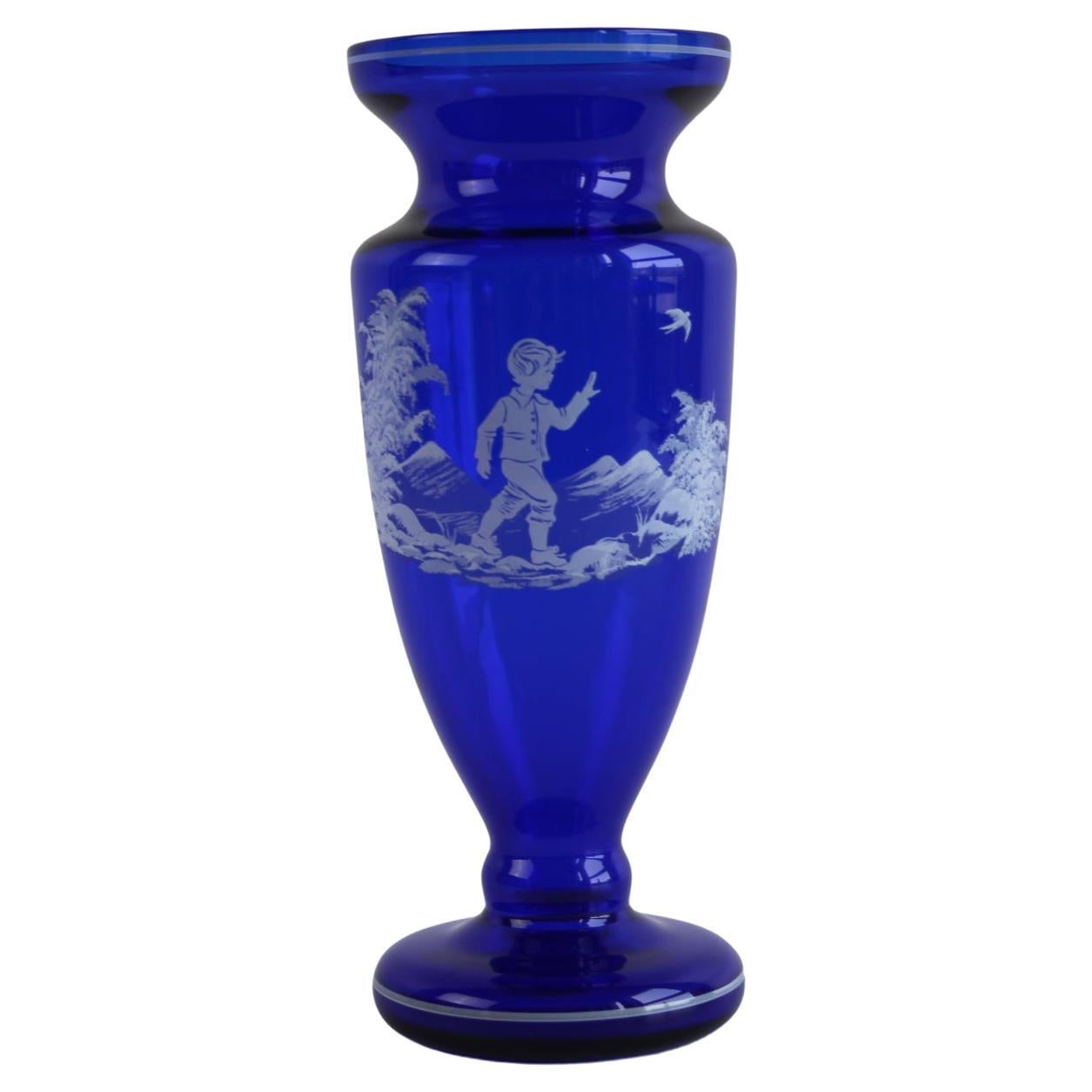 Original Mary Gregory Cobalt Blue Glass Vase  "Ice Children" Collection For Sale