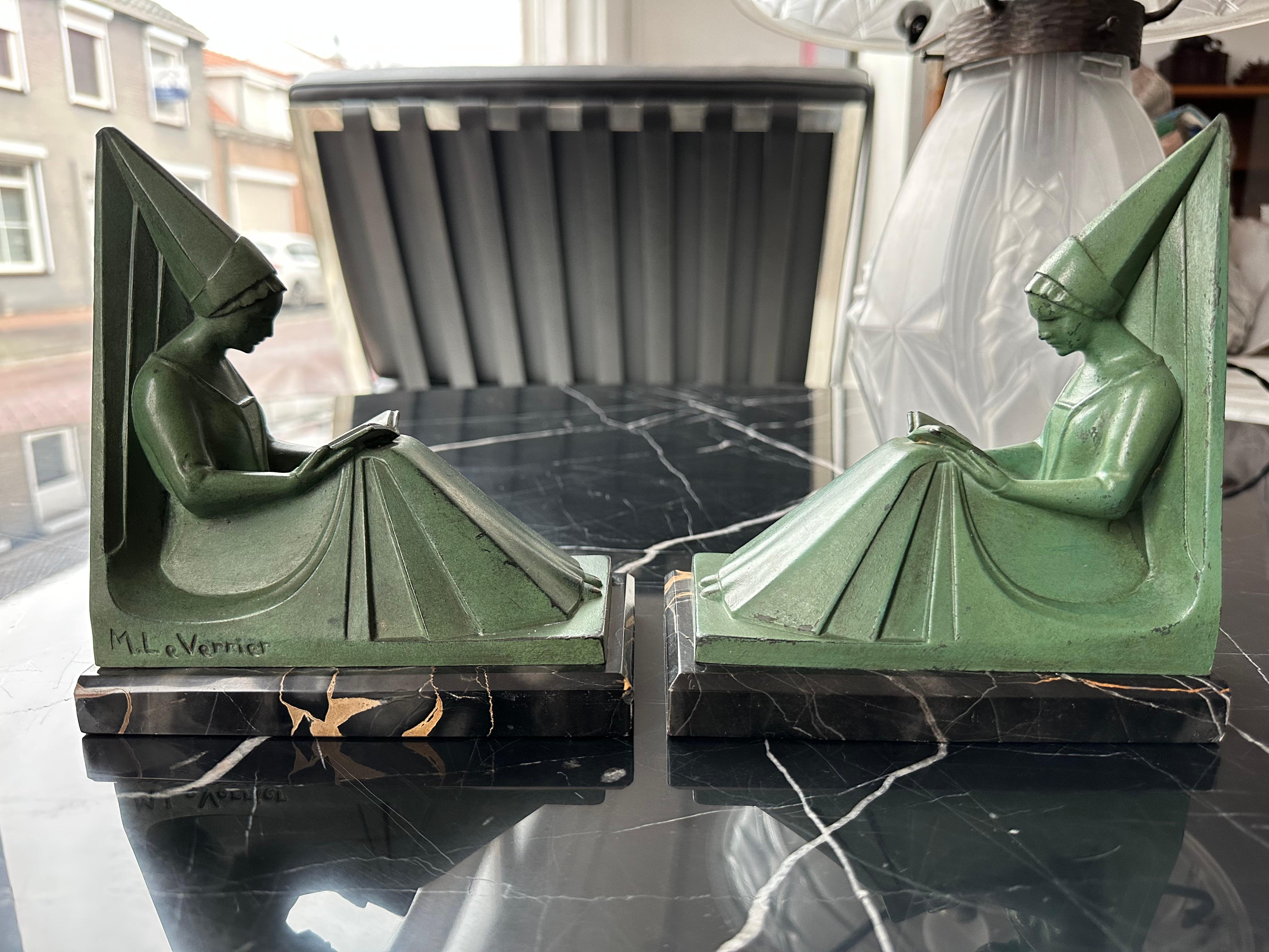 Original Max Le Verrier 1920s French Art Deco Bookends Reading Ladies Marble For Sale 6