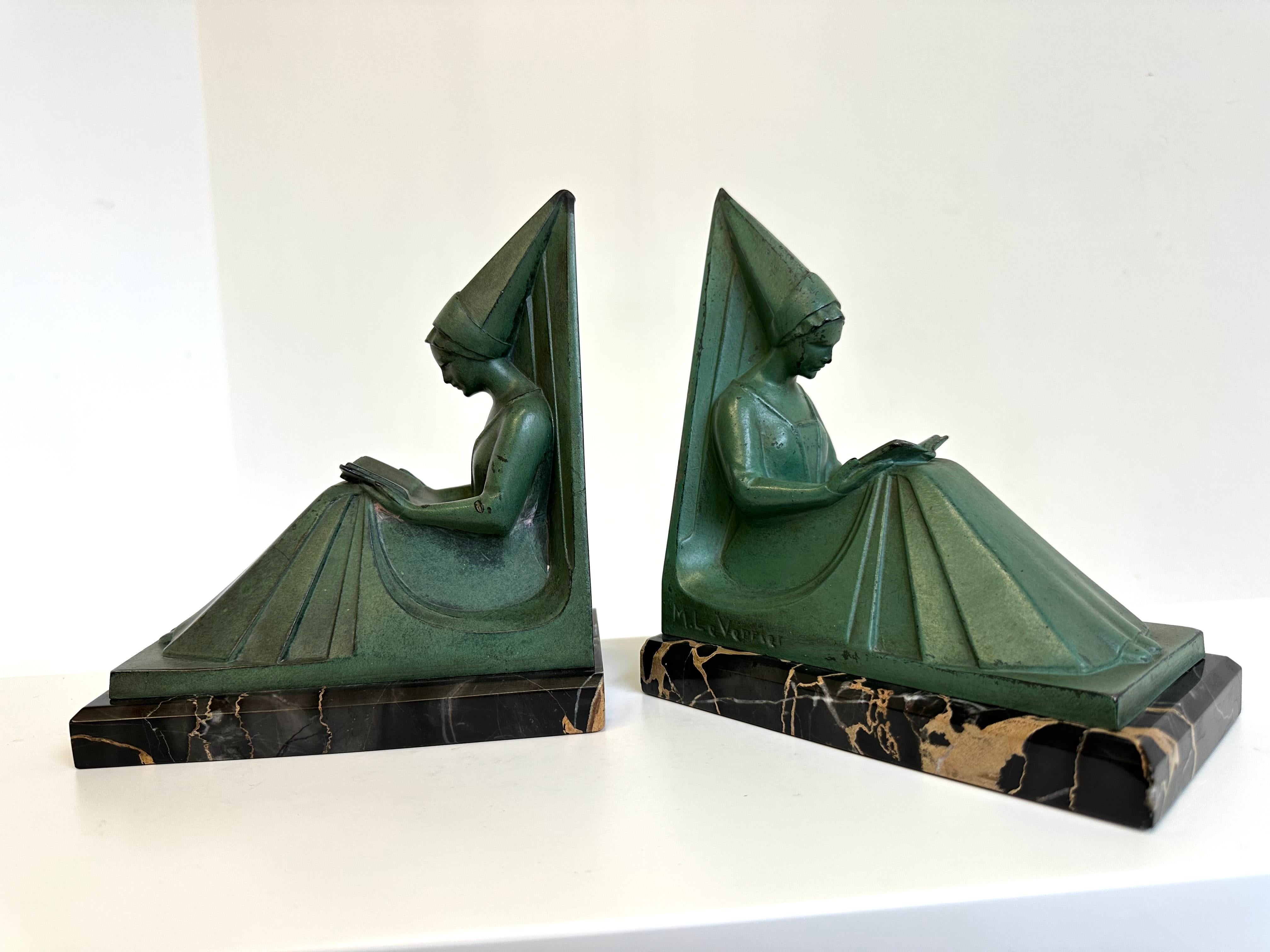 Hand-Crafted Original Max Le Verrier 1920s French Art Deco Bookends Reading Ladies Marble For Sale