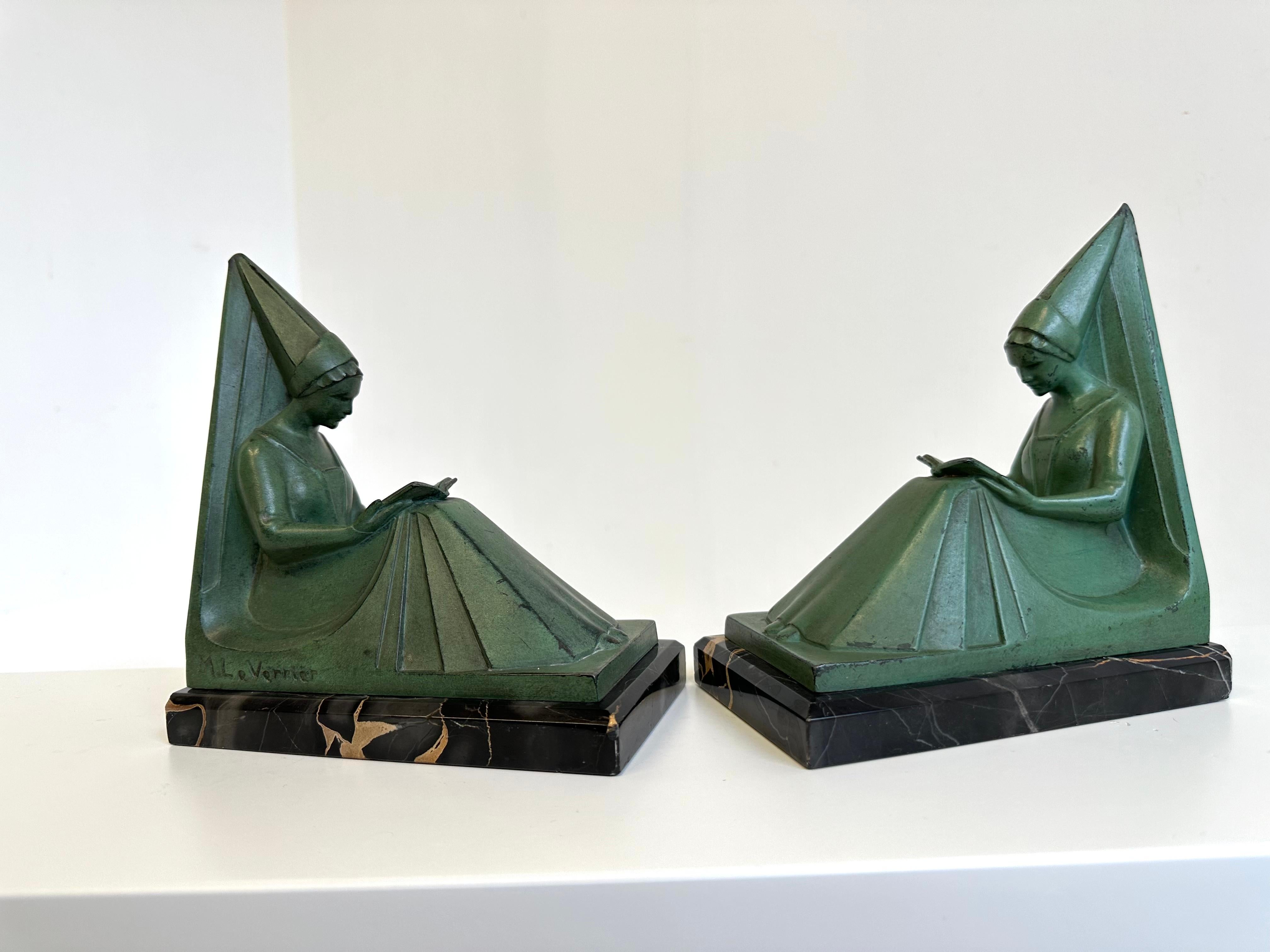 Spelter Original Max Le Verrier 1920s French Art Deco Bookends Reading Ladies Marble For Sale