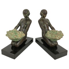 Original Max Le Verrier Cueillette Art Deco Style Bookends in Spelter and Marble