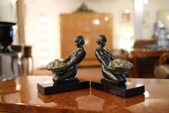 Original Max Le Verrier Cueillette Art Deco Style Bookends in Spelter and Marble