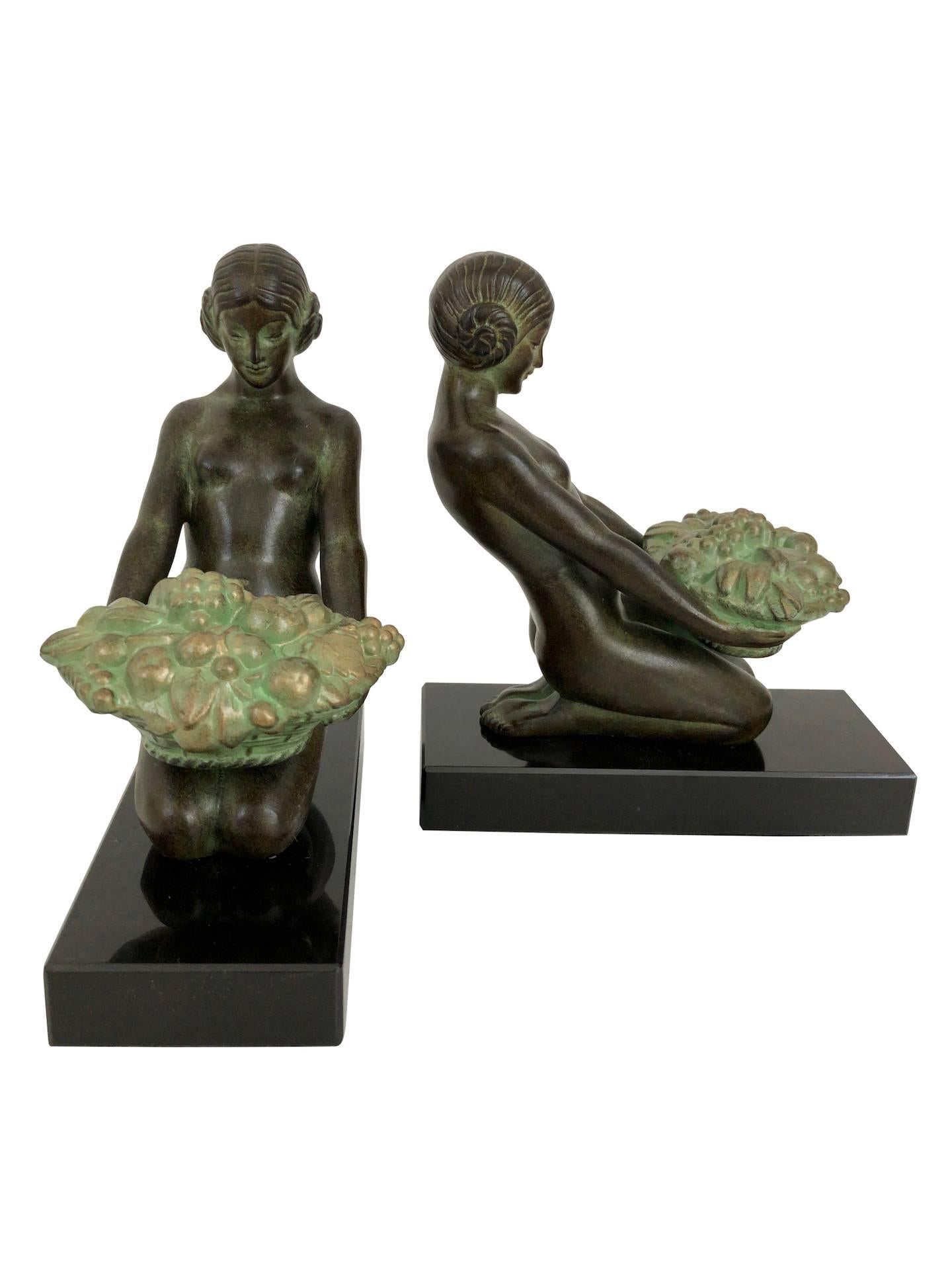 Original Max Le Verrier Cueillette Art Deco Style Bookends in Spelter and Marble In Excellent Condition In Ulm, DE