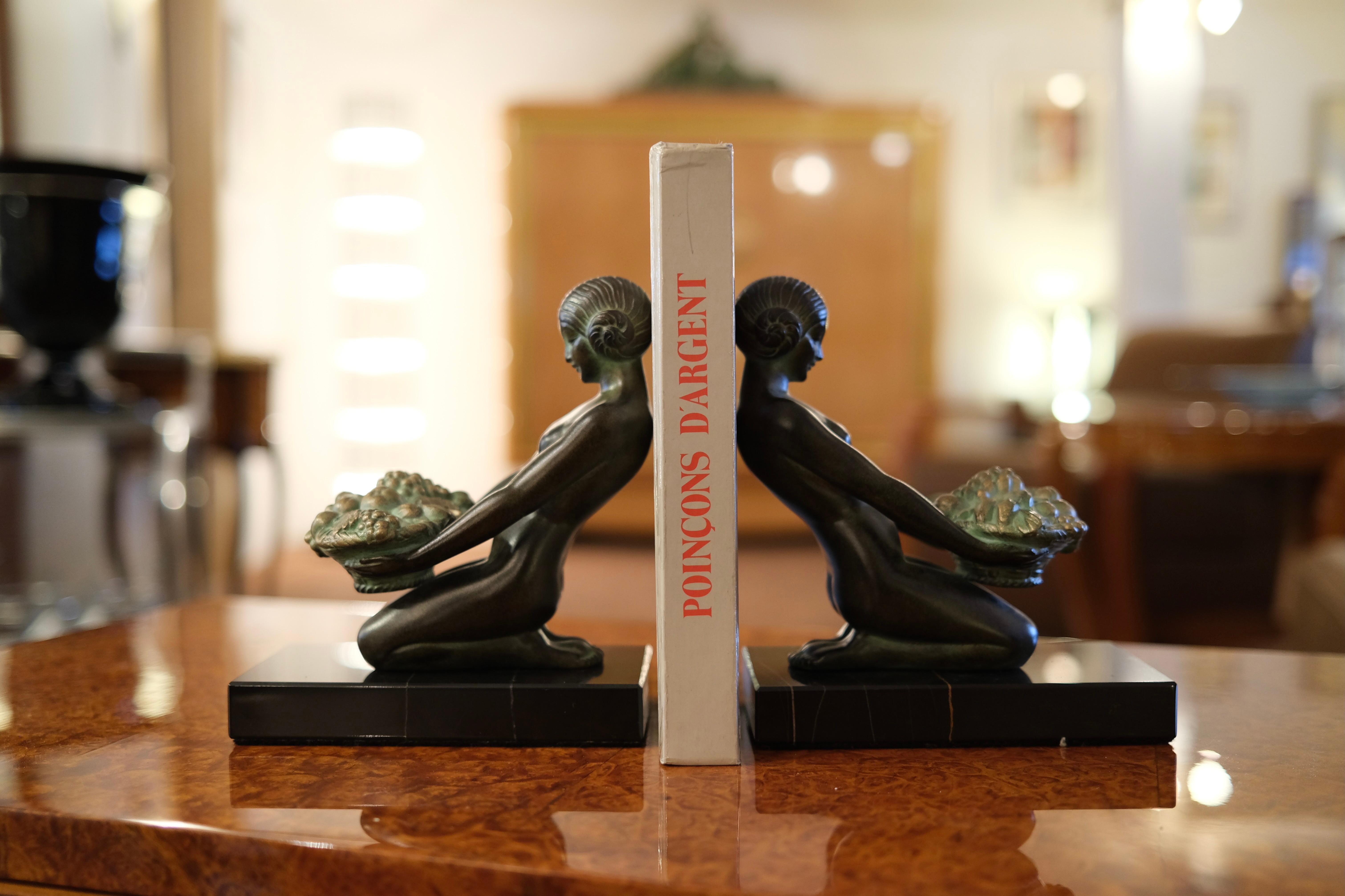French Original Max Le Verrier Cueillette Art Deco Style Bookends in Spelter and Marble