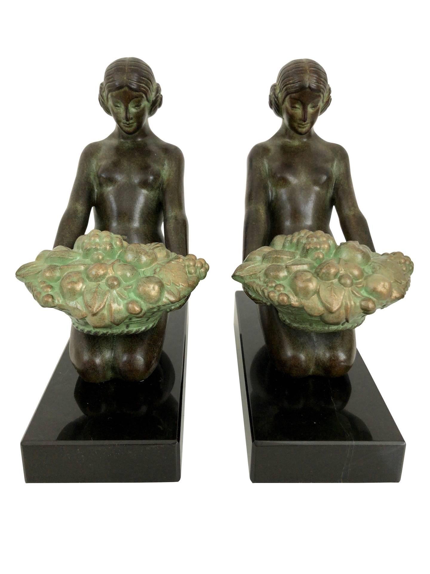 Contemporary Original Max Le Verrier Cueillette Art Deco Style Bookends in Spelter and Marble