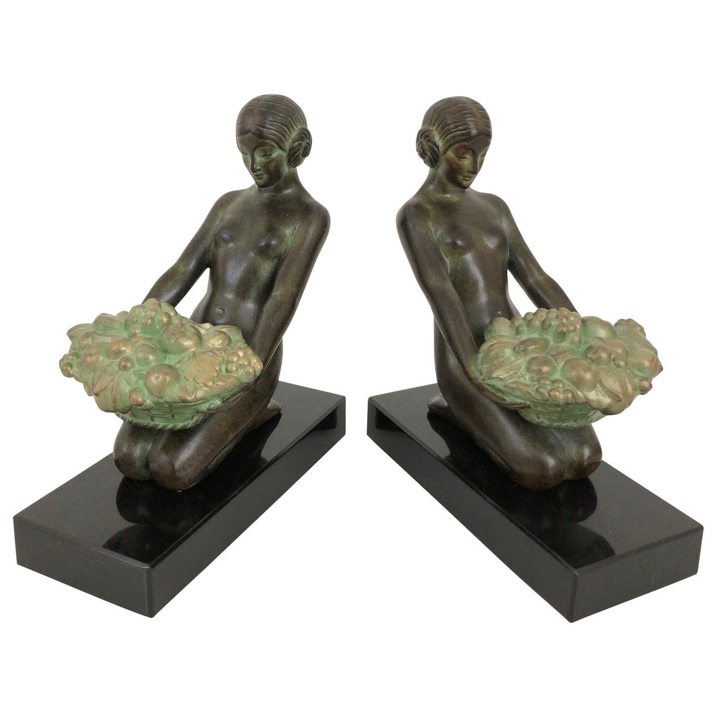 French Original Max Le Verrier Cueillette Art Deco Style Bookends in Spelter and Marble For Sale