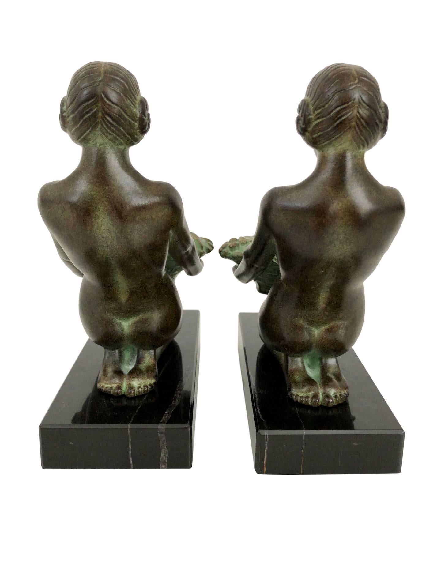 Original Max Le Verrier Cueillette Art Deco Style Bookends in Spelter and Marble 1