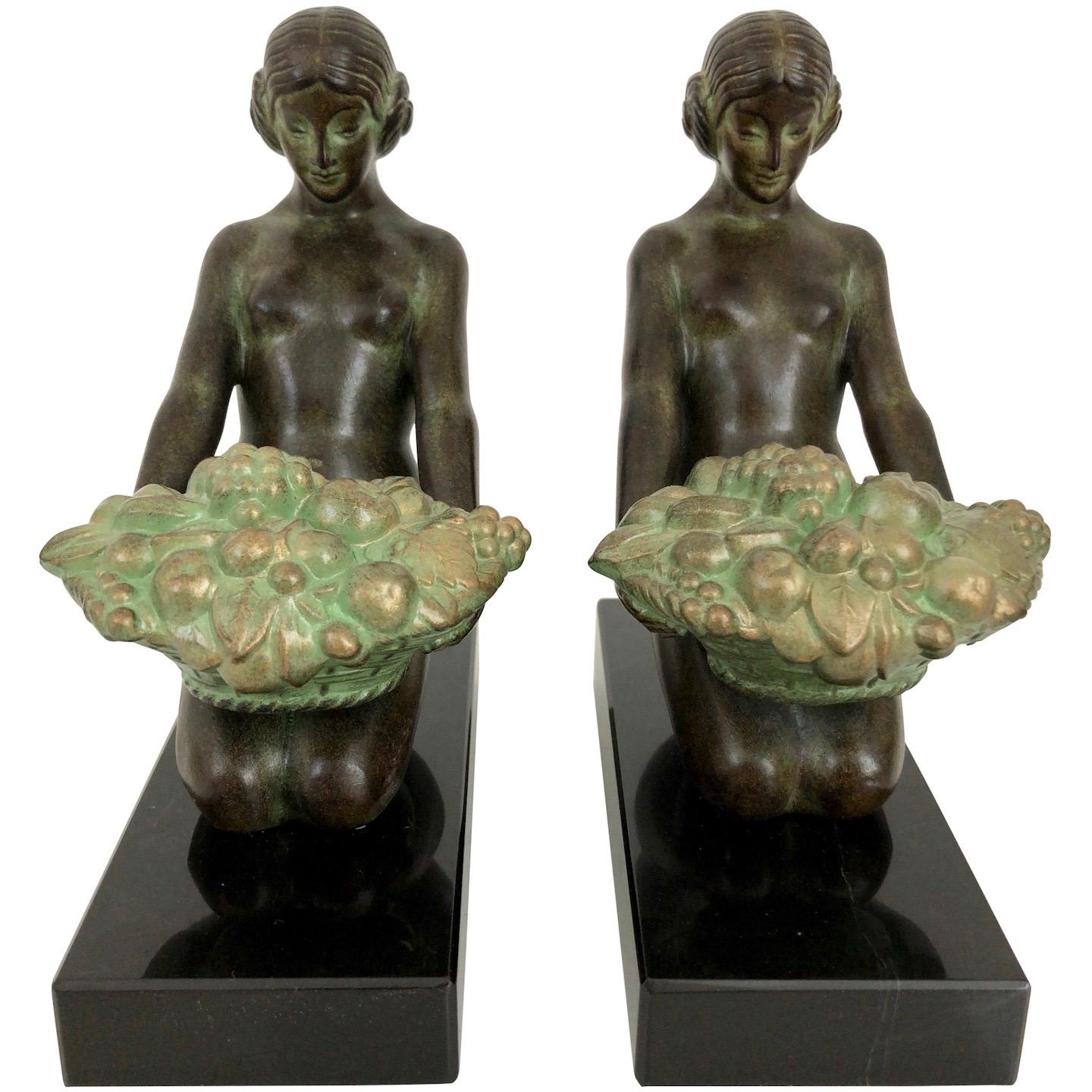 Patinated Original Max Le Verrier Cueillette Art Deco Style Bookends in Spelter and Marble For Sale
