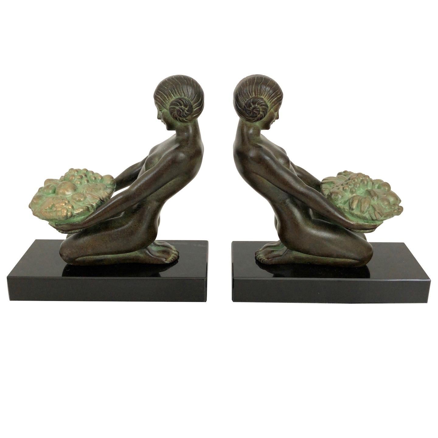Original Max Le Verrier Cueillette Art Deco Style Bookends in Spelter and Marble In Good Condition For Sale In Ulm, DE