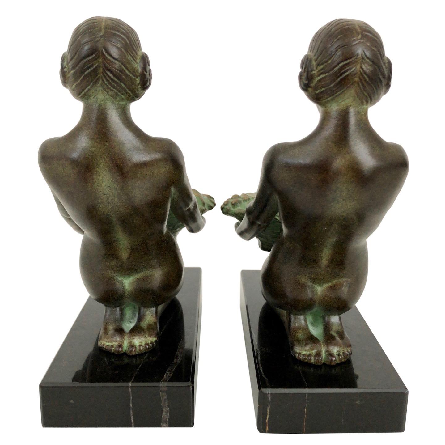 Contemporary Original Max Le Verrier Cueillette Art Deco Style Bookends in Spelter and Marble For Sale