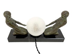 Original Max Le Verrier Cueillette Art Deco Style Lamp in Spelter and Marble