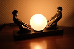 Original Max Le Verrier Cueillette Art Deco Style Lamp in Spelter and Marble