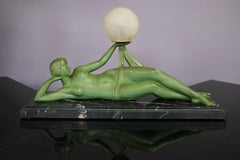 Max Le Verrier lighted Sculpture Aube French Art Deco vintage Table Lamp