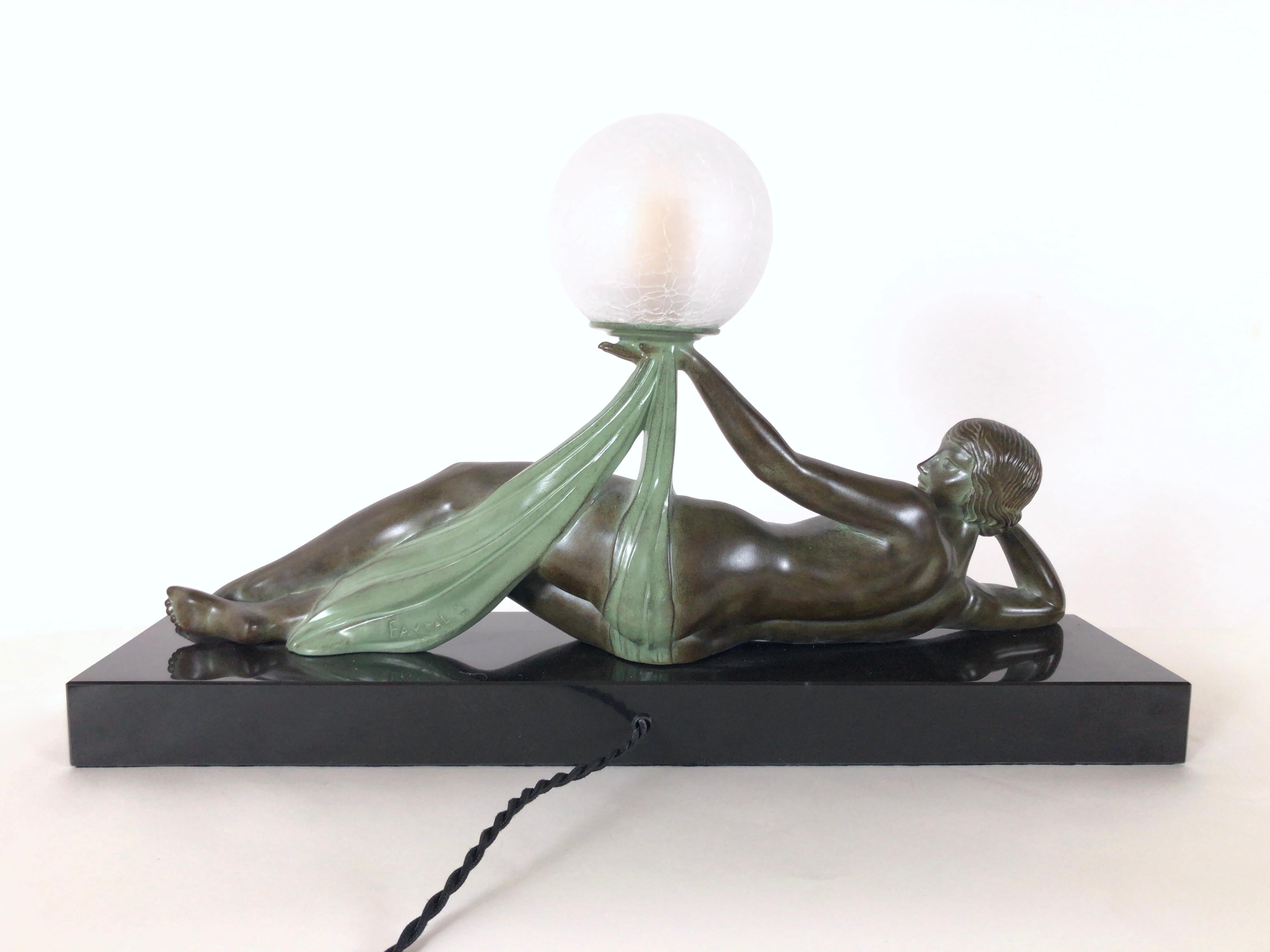 Spelter Original Max Le Verrier Lighted Sculpture Aube in Art Deco Style