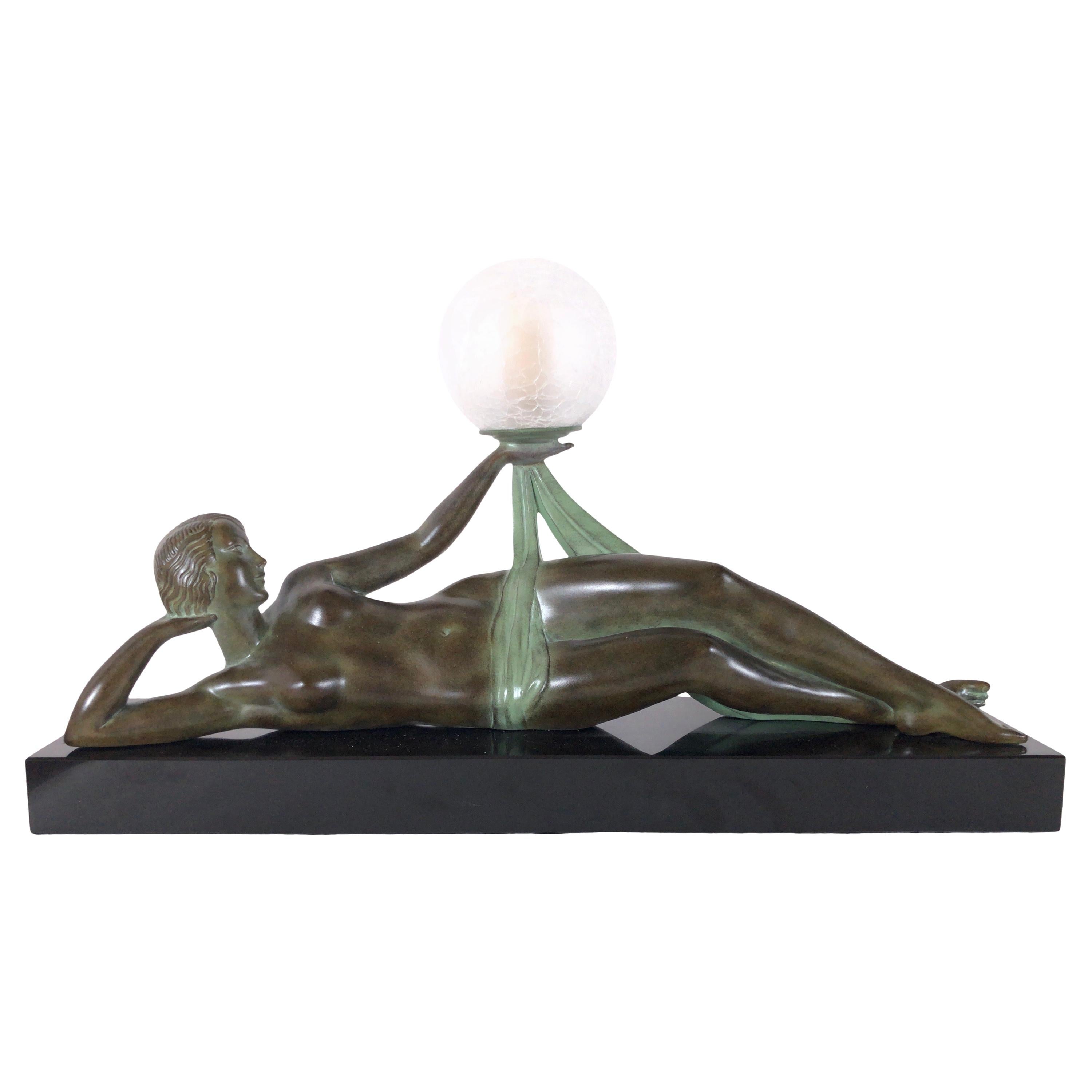 Original Max Le Verrier Lighted Sculpture Aube in Art Deco Style