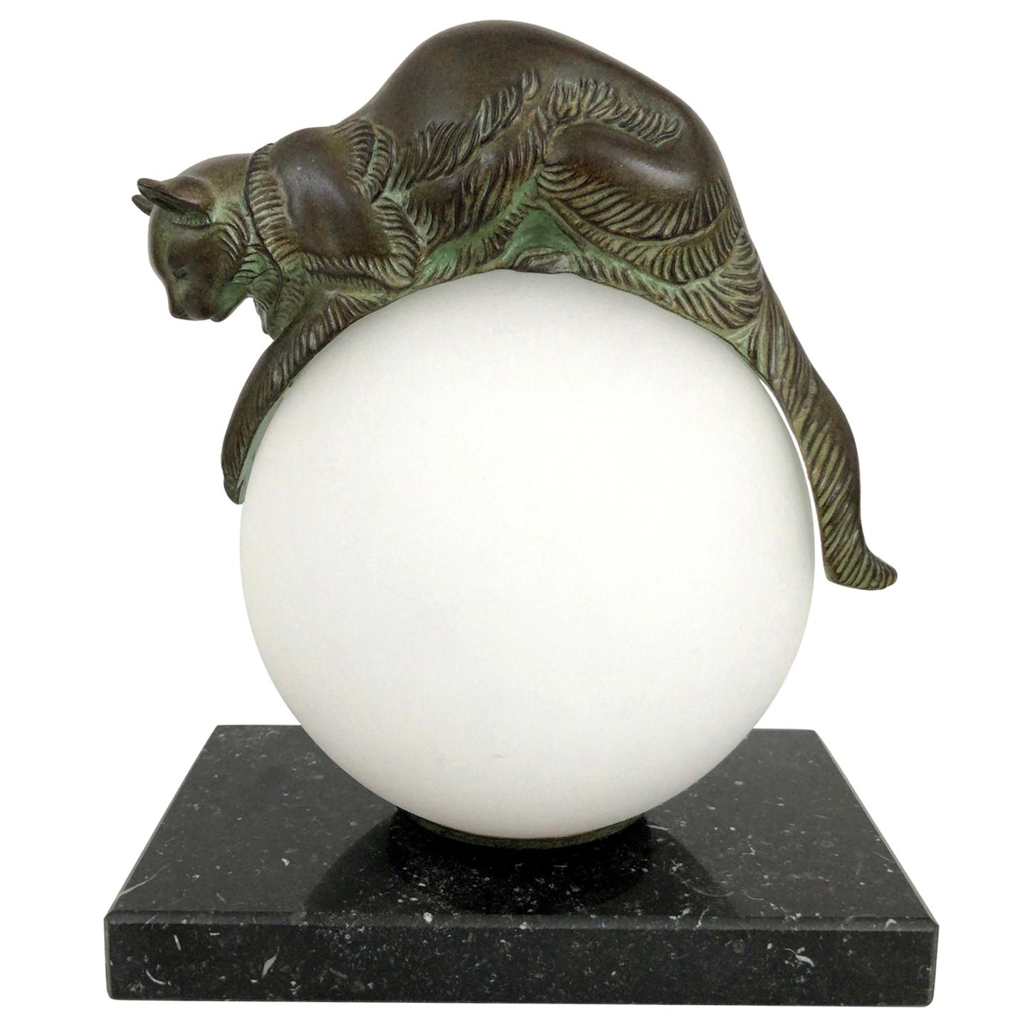 Original Max Le Verrier Table Lamp Equilibre Cat on Glass Ball by Gaillard