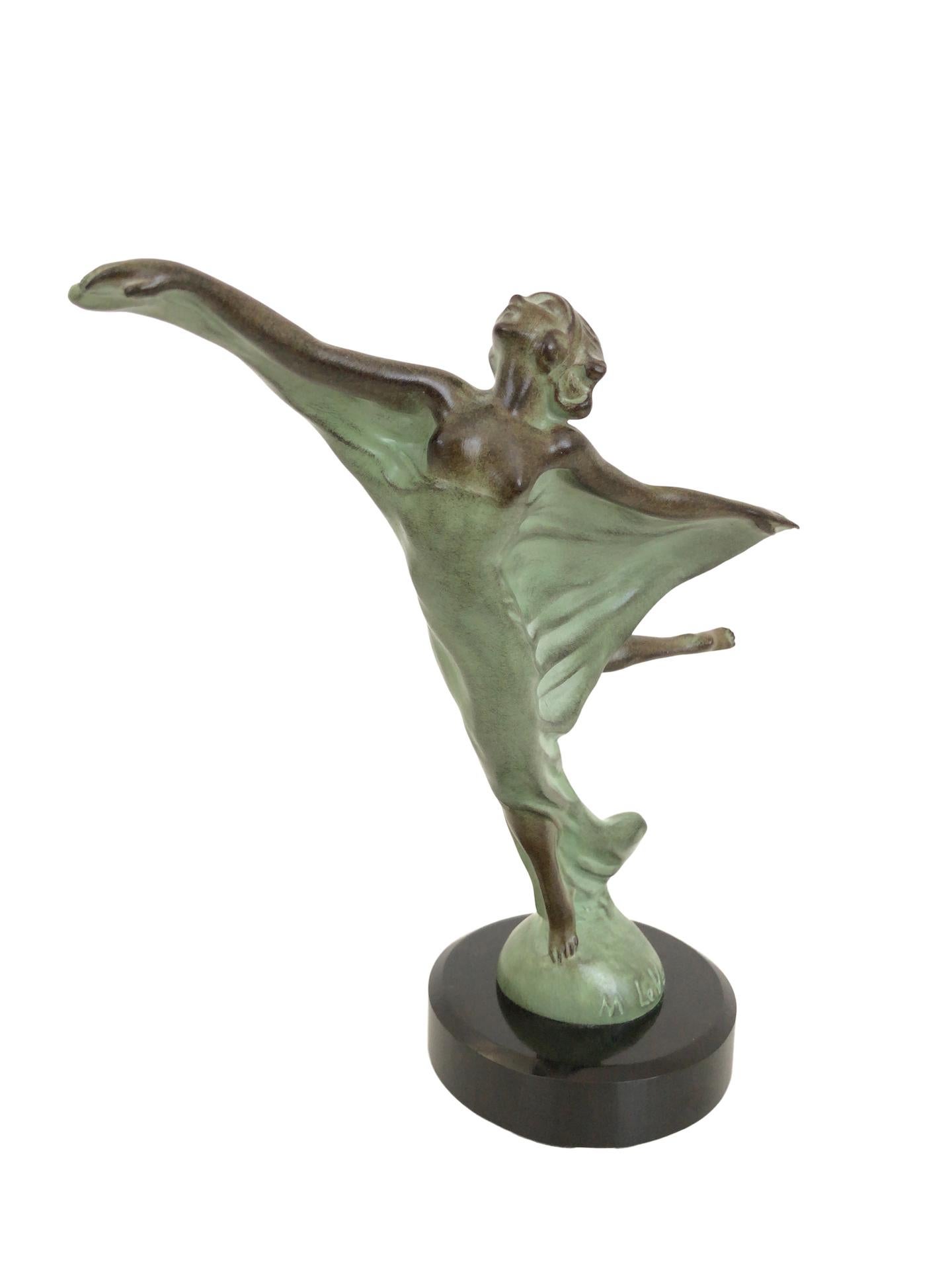 Body shape of a lady enveloped with a veil. 
Very decorative hood ornament named Envol (engl. takeoff) 
This French radiator mascot was designed during the roaring 1920s by “Max Le Verrier” himself 

Original Max Le Verrier, signed 
Art Deco