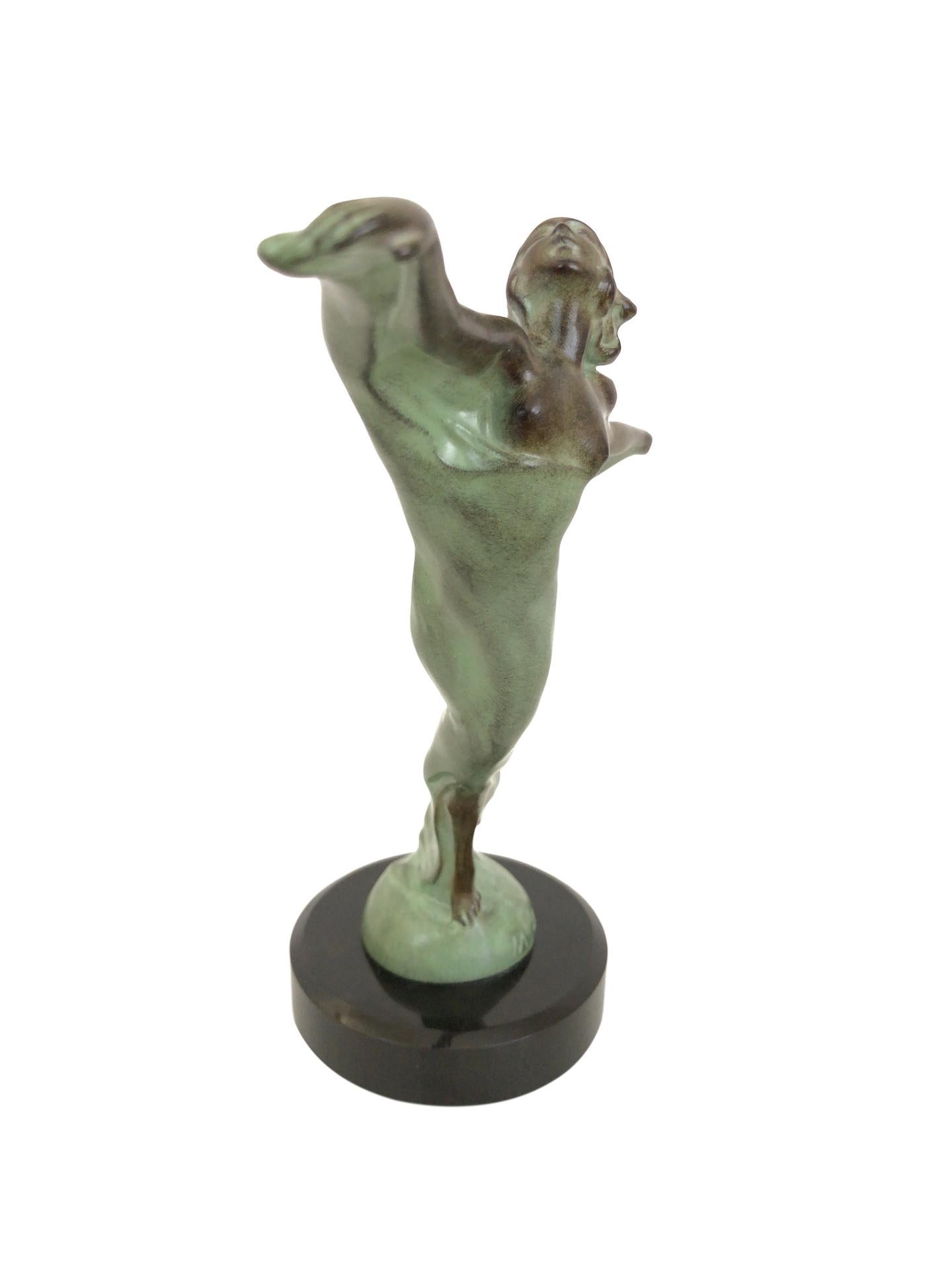 Original Max Leverrier French Art Deco Radiator Mascot Envol Spelter and Marble In Excellent Condition In Ulm, DE