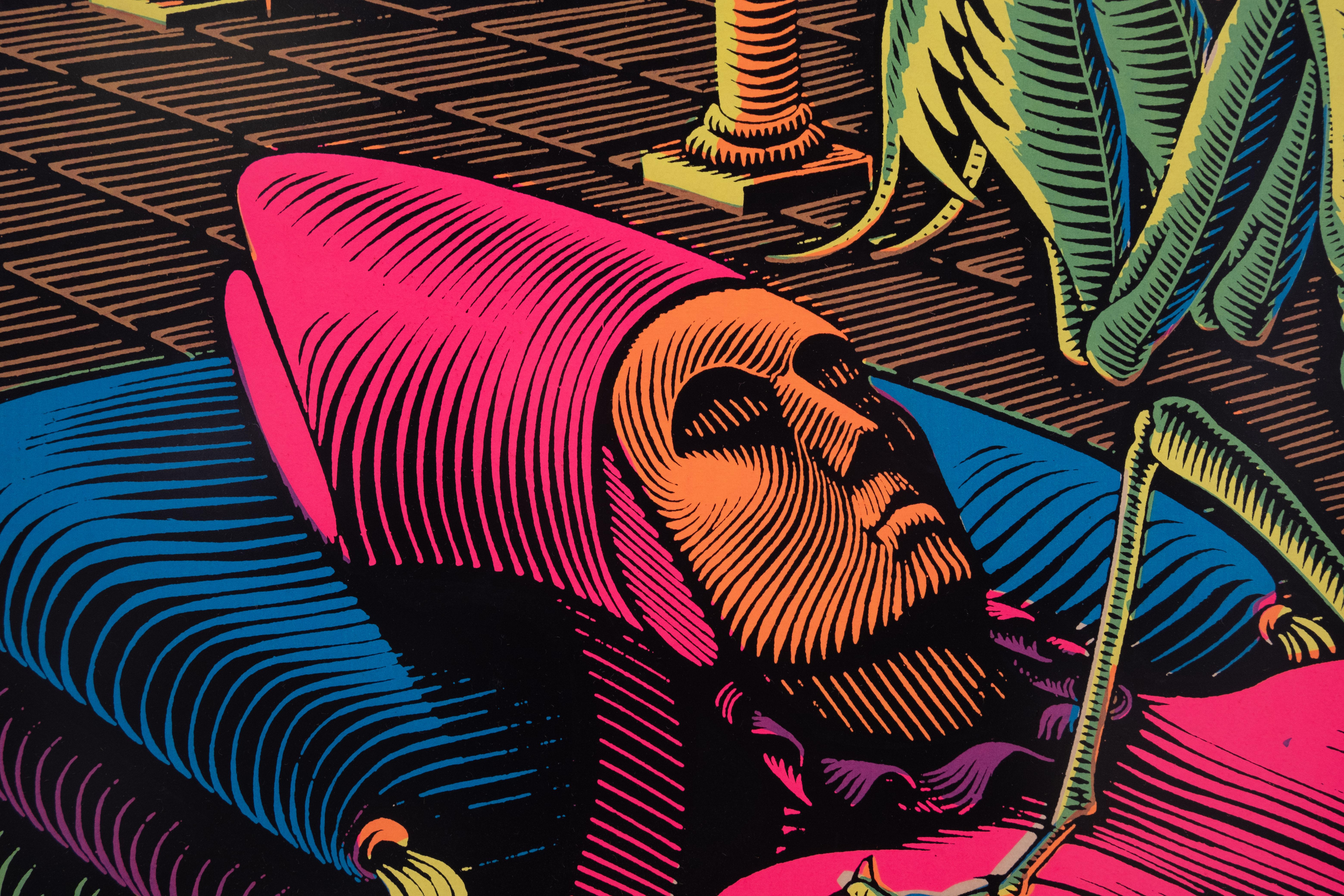Affiche unique et originale très rare de Black Light   A&M. Escher 
D'après A.C.C. Escher  Le rêve de la gravure sur bois 1935 . Le poster a toujours ses couleurs vives et avec la lumière noire allumée, il est complètement fou, il a explosé sur le