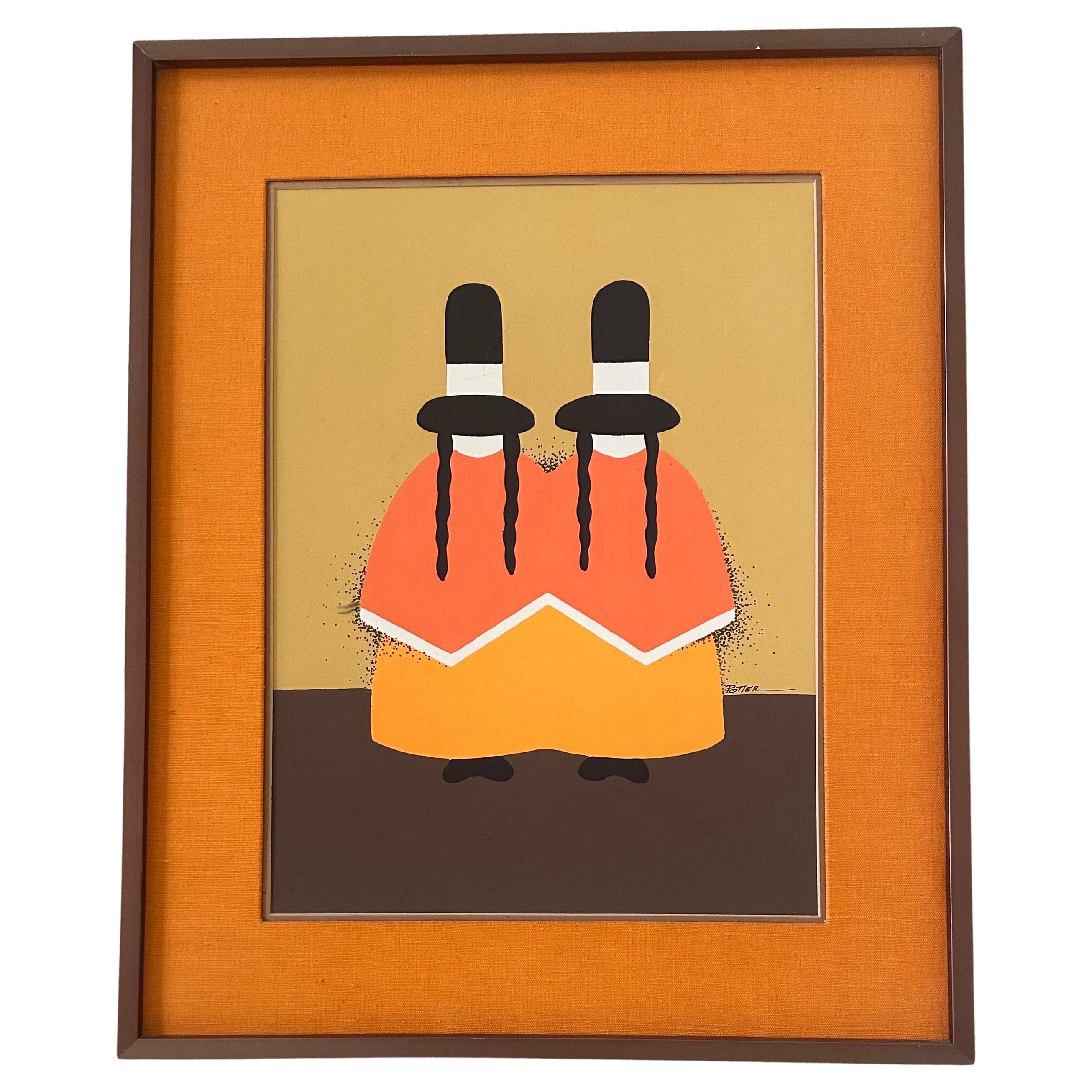 Peinture originale MCM à l'acrylique sur carton "Femmes indiennes" de Maurice Potier