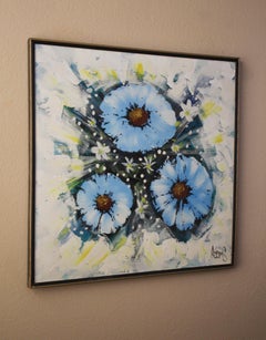 Original MCM Oil Painting! Blue Flowers Interior Decorator Art 1960s 1970s