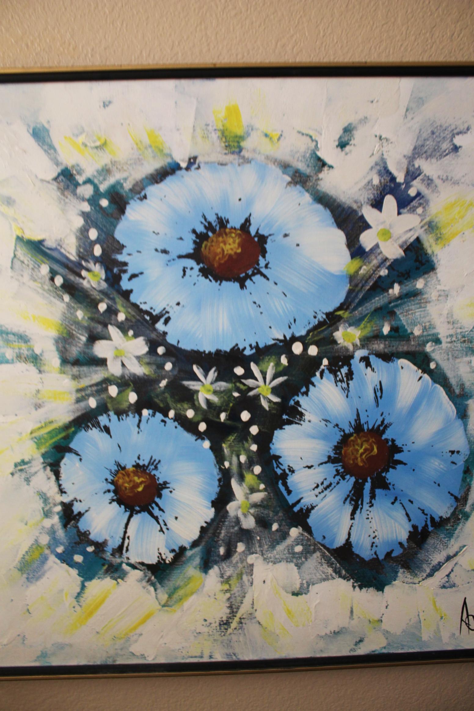 ¡Pintura al óleo original de MCM! Flores Azules Arte Decorativo Interior Años 60 Años 70 Moderno de mediados de siglo en venta