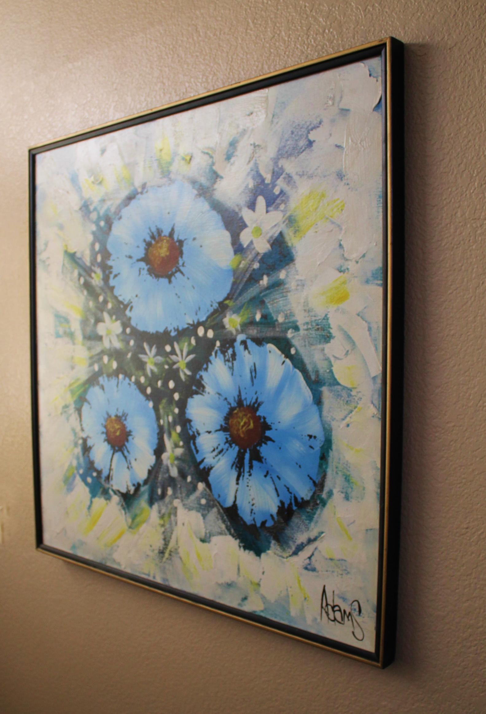 ¡Pintura al óleo original de MCM! Flores Azules Arte Decorativo Interior Años 60 Años 70 Pintado a mano en venta