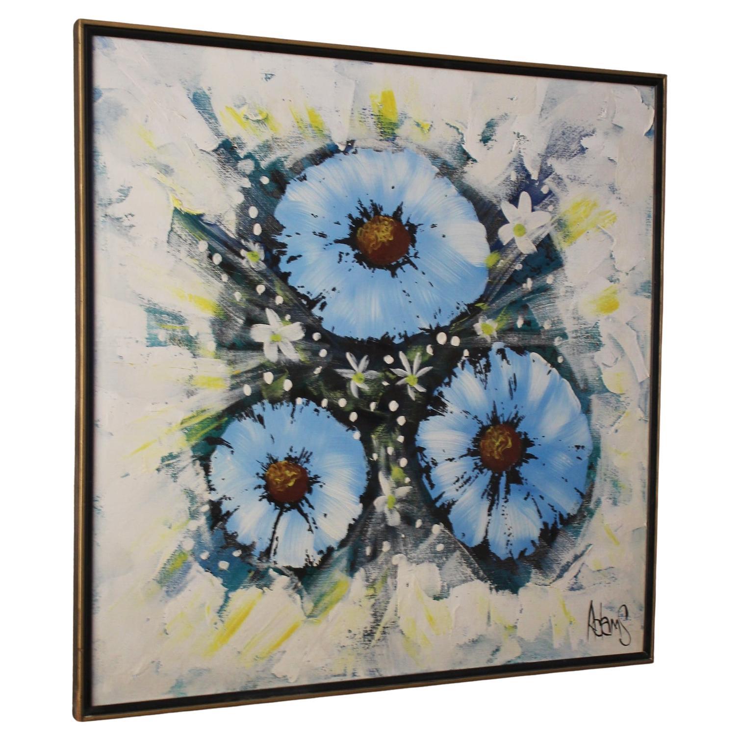 ¡Pintura al óleo original de MCM! Flores Azules Arte Decorativo Interior Años 60 Años 70 en venta
